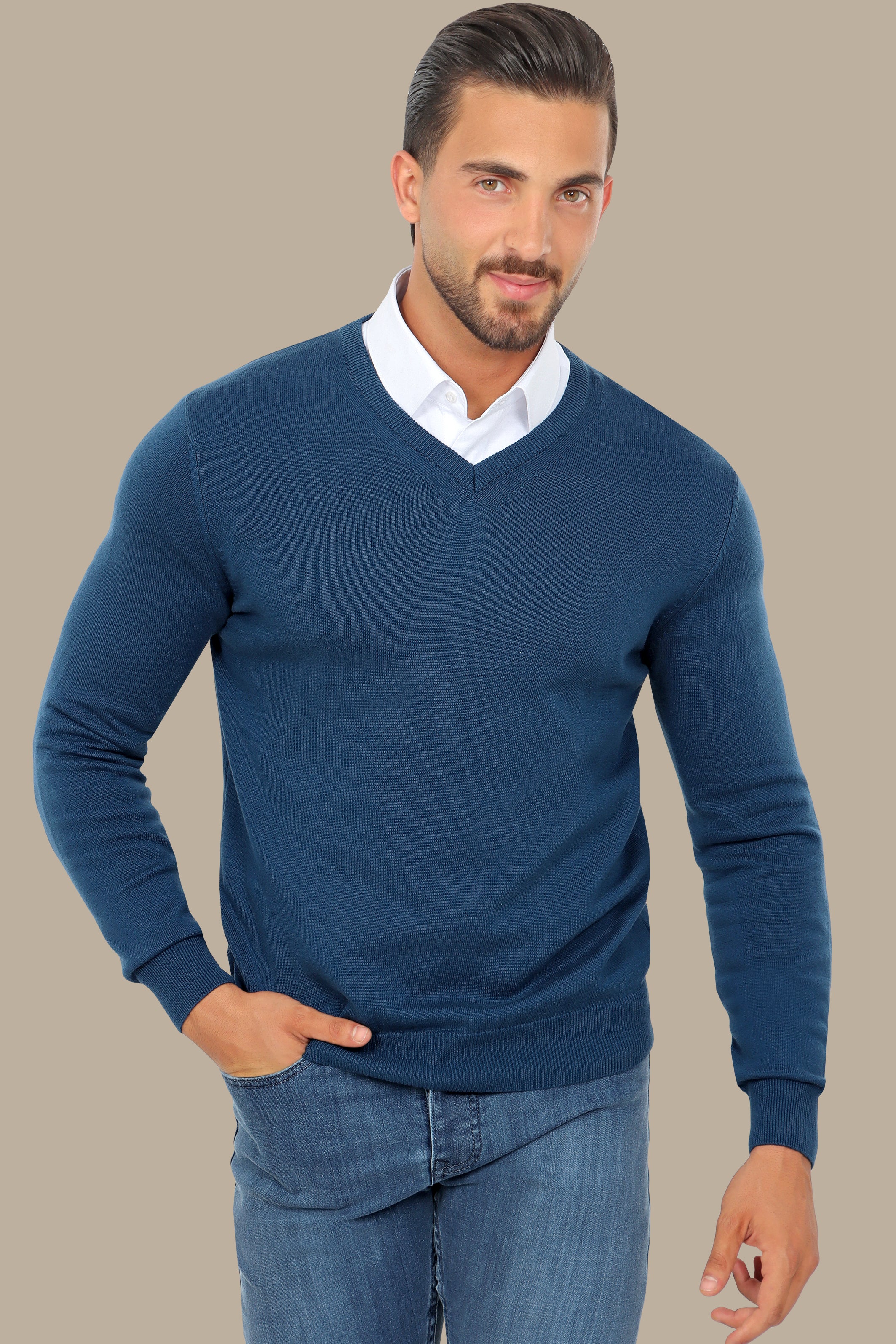 Petrol V-Neck Basic Sweater