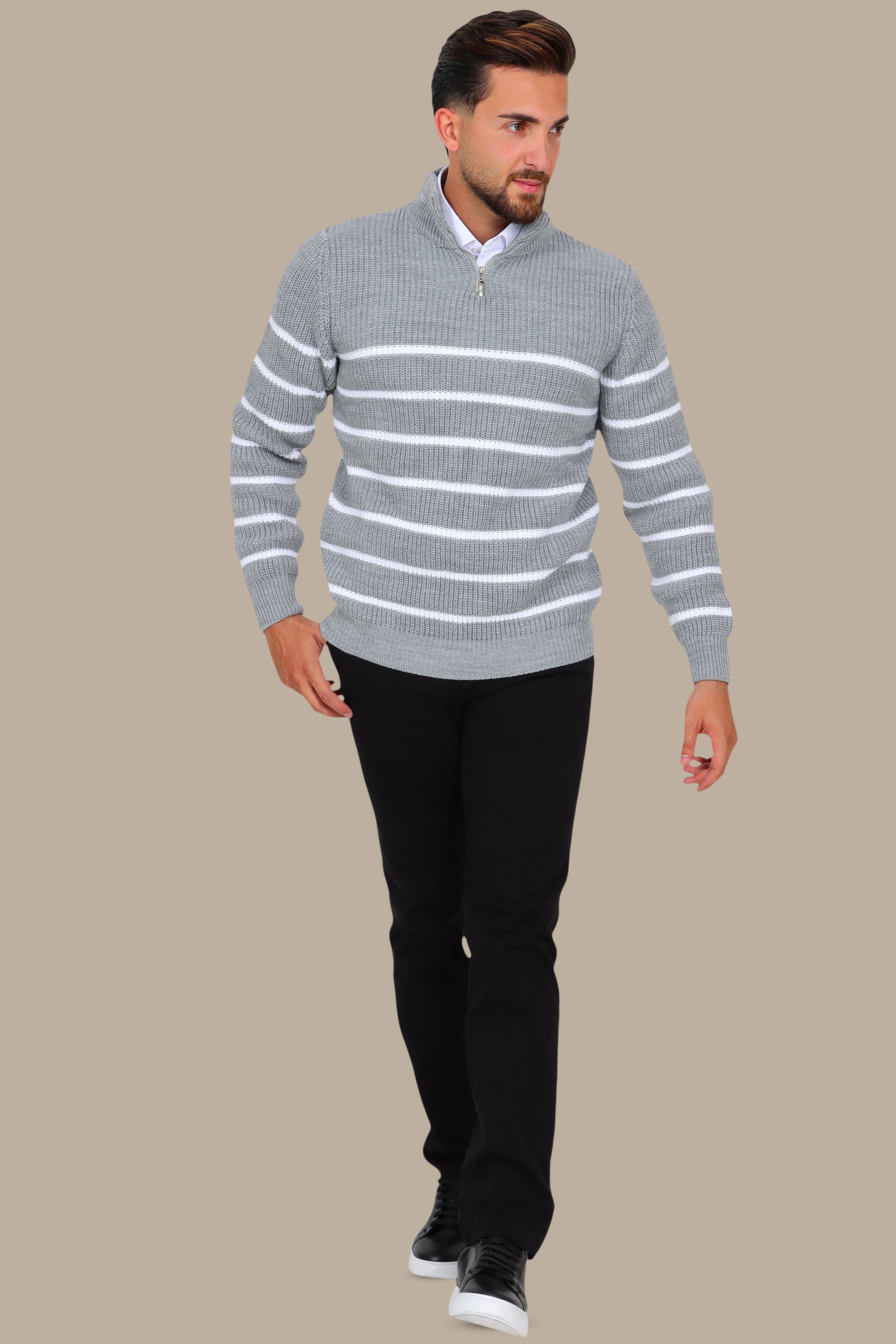 Grey Half-Zip Mercerized Sweater with Subtle Stripes