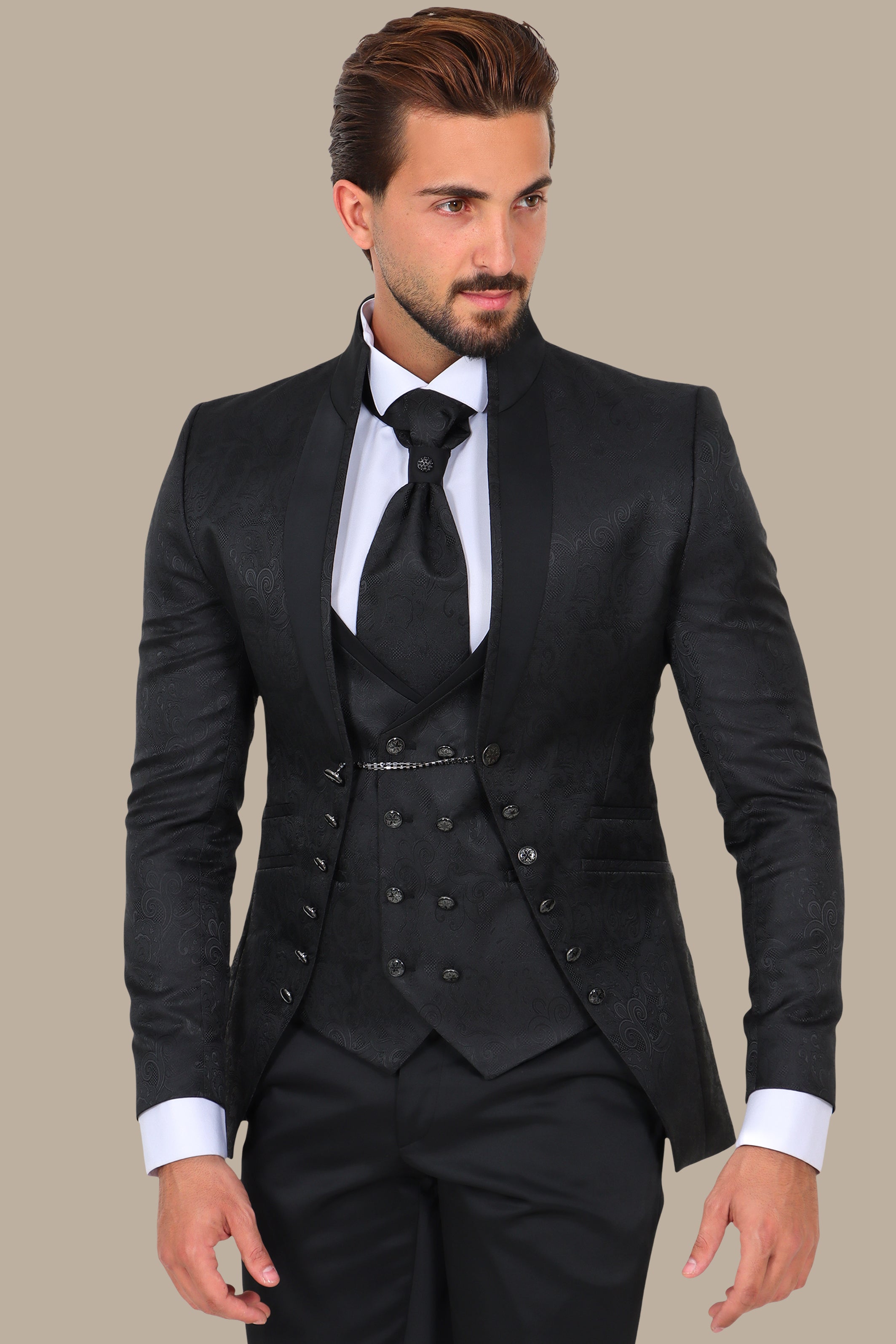 Black Mao Collar Tuxedo 4pcs Cashmere Jacquard Bord à Bord