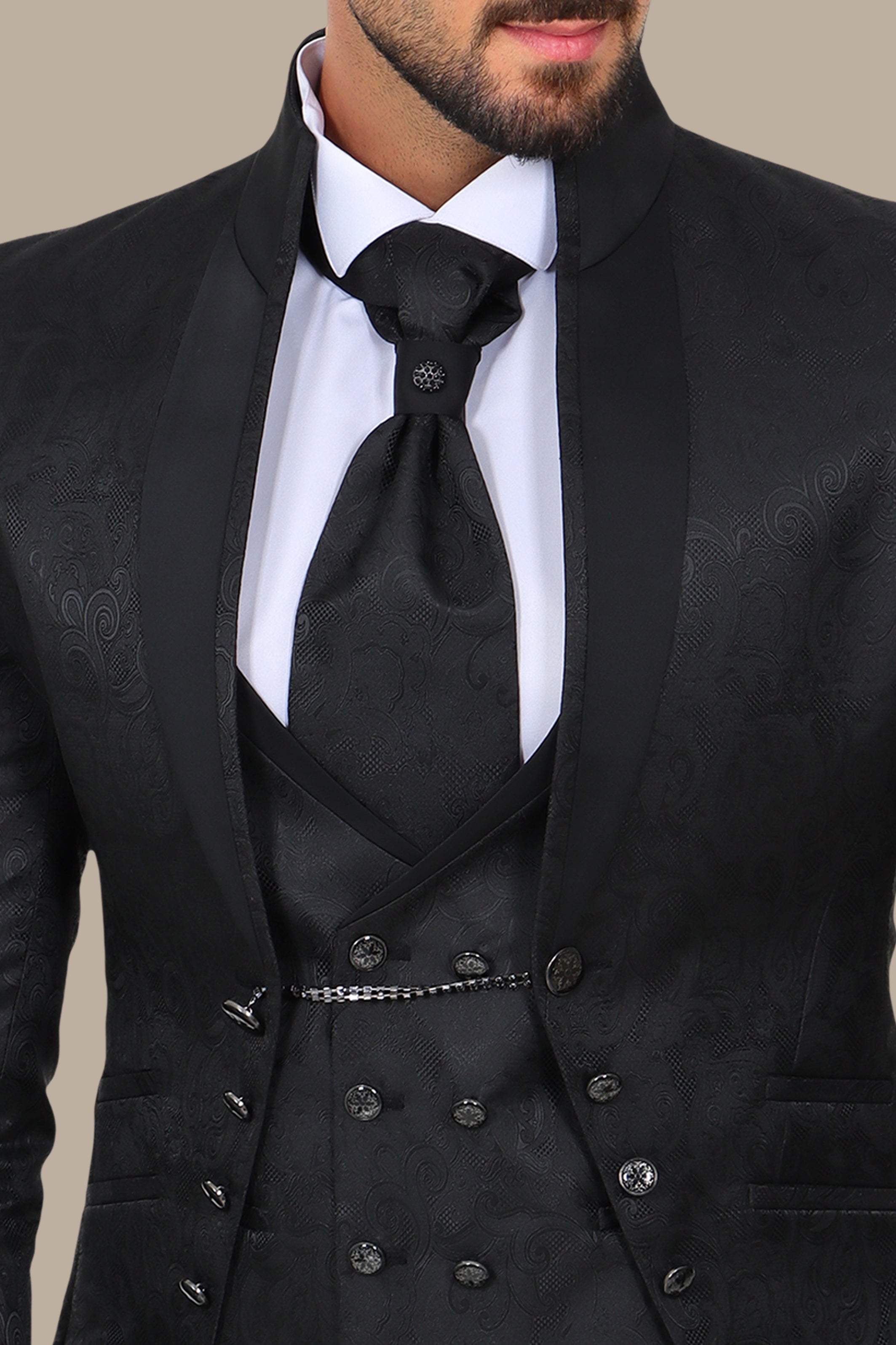 Black Mao Collar Tuxedo 4pcs Cashmere Jacquard Bord à Bord