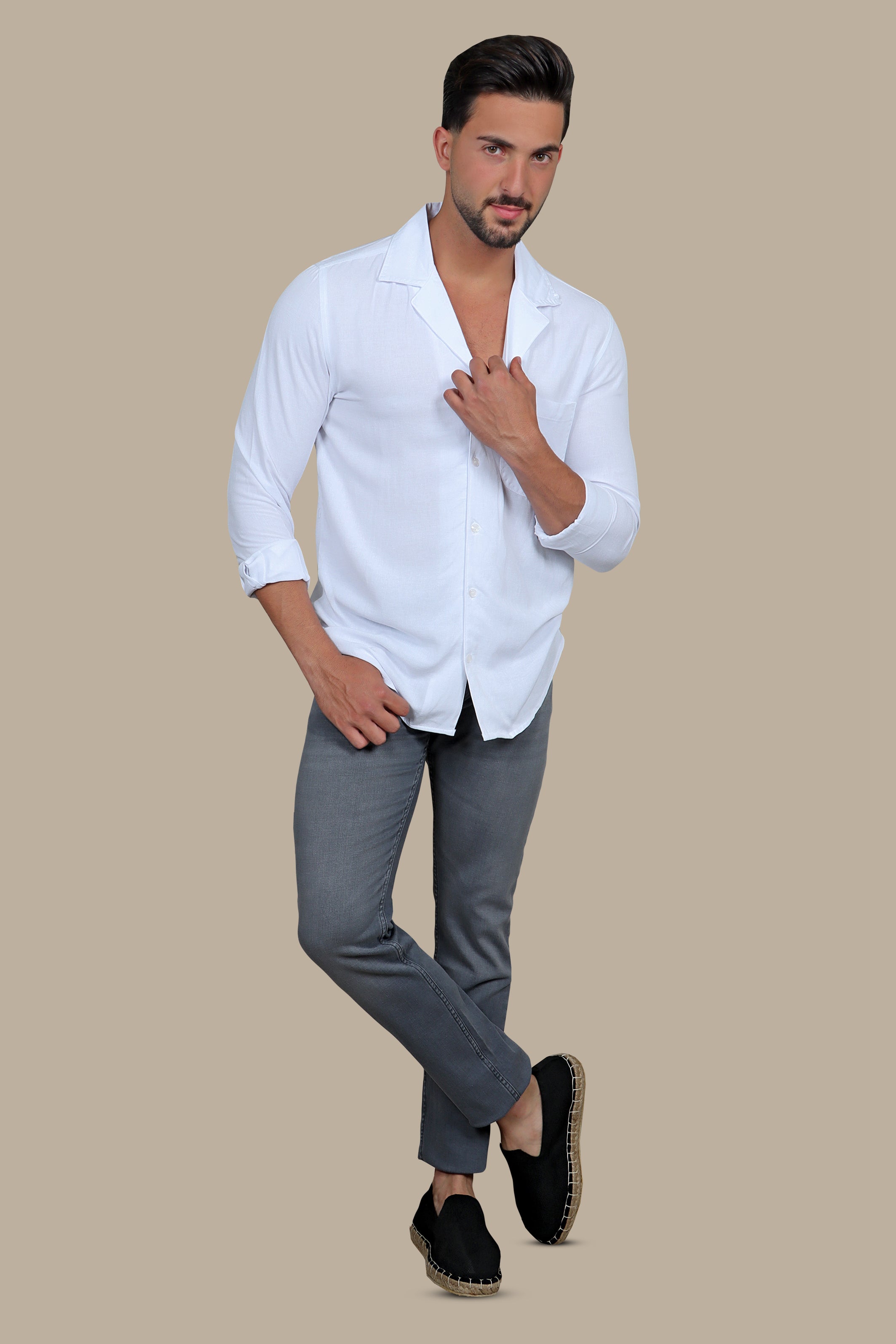 Elegant White Linen Patch Djellaba Shirt