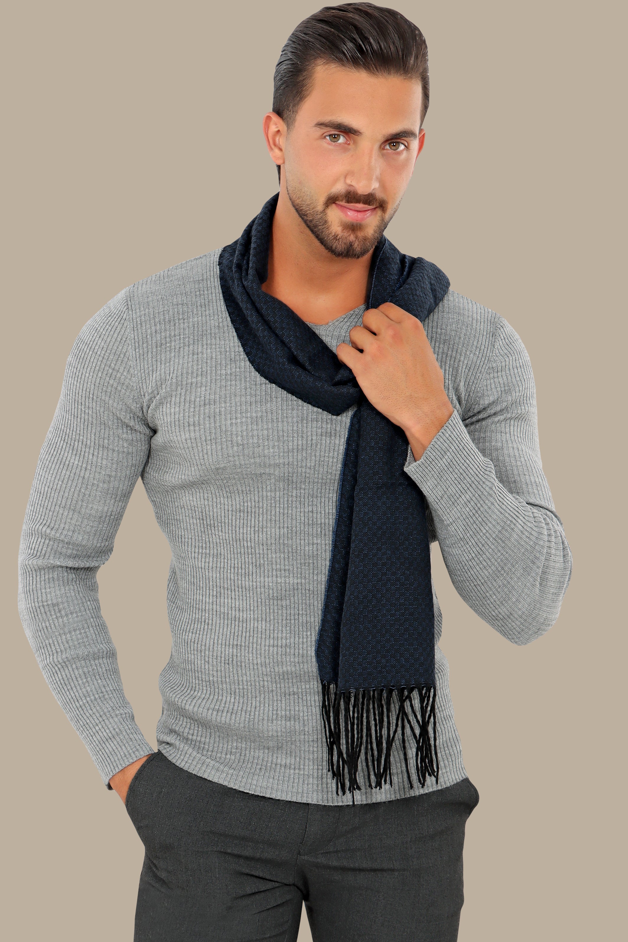 Gray Ribbed V-Neck Sweater