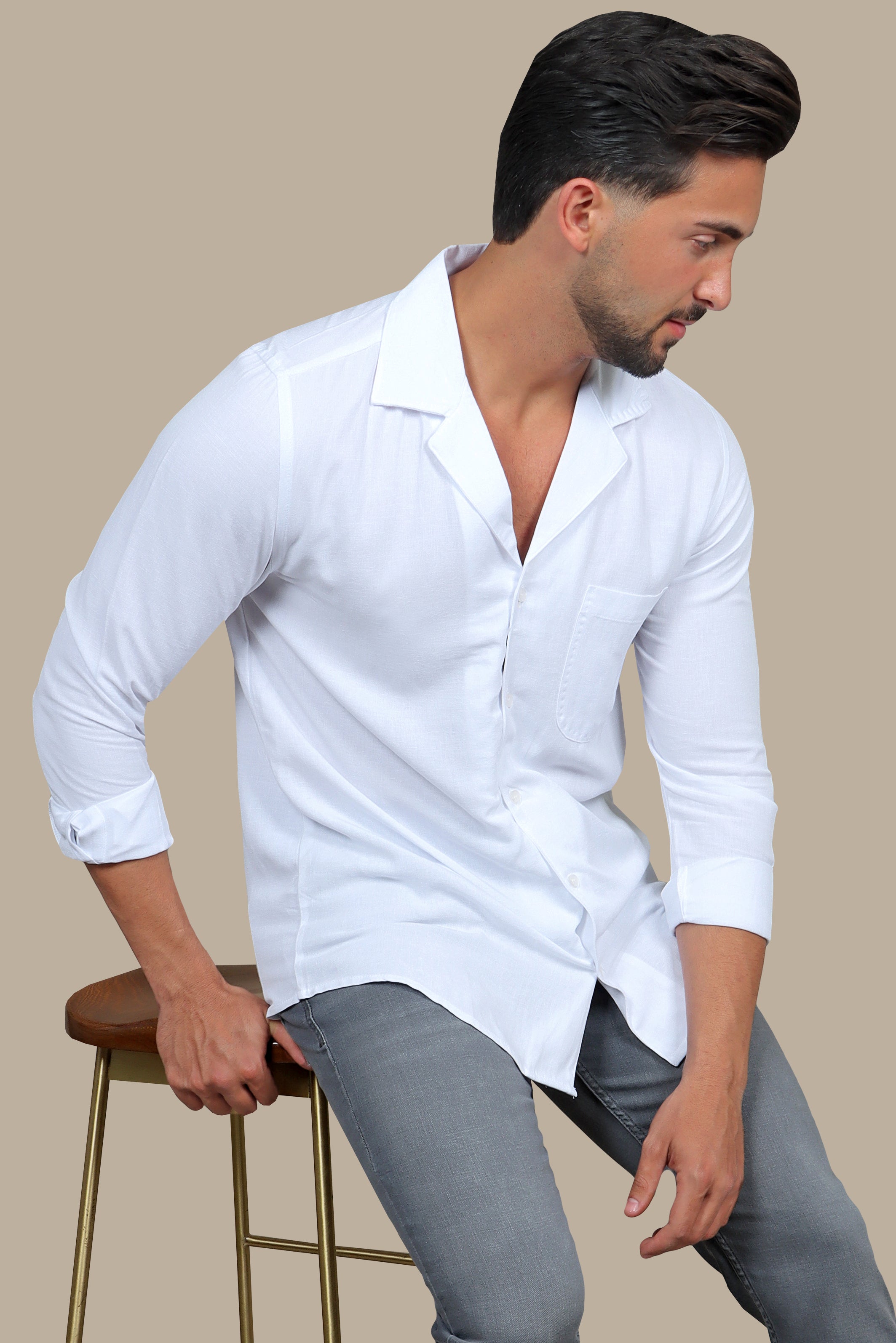 Elegant White Linen Patch Djellaba Shirt