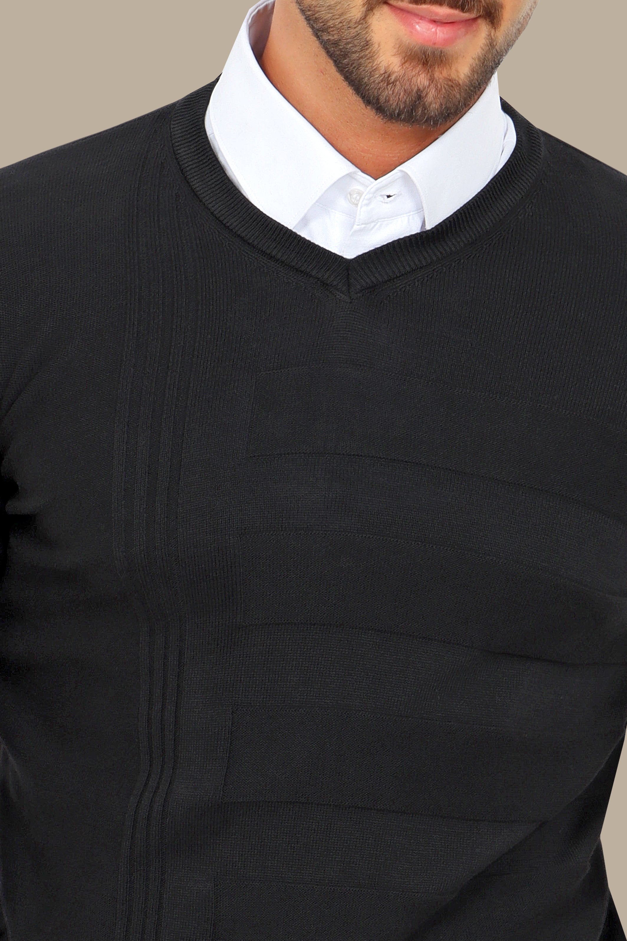 Classic Charisma: Black V-Neck Designed Sweater