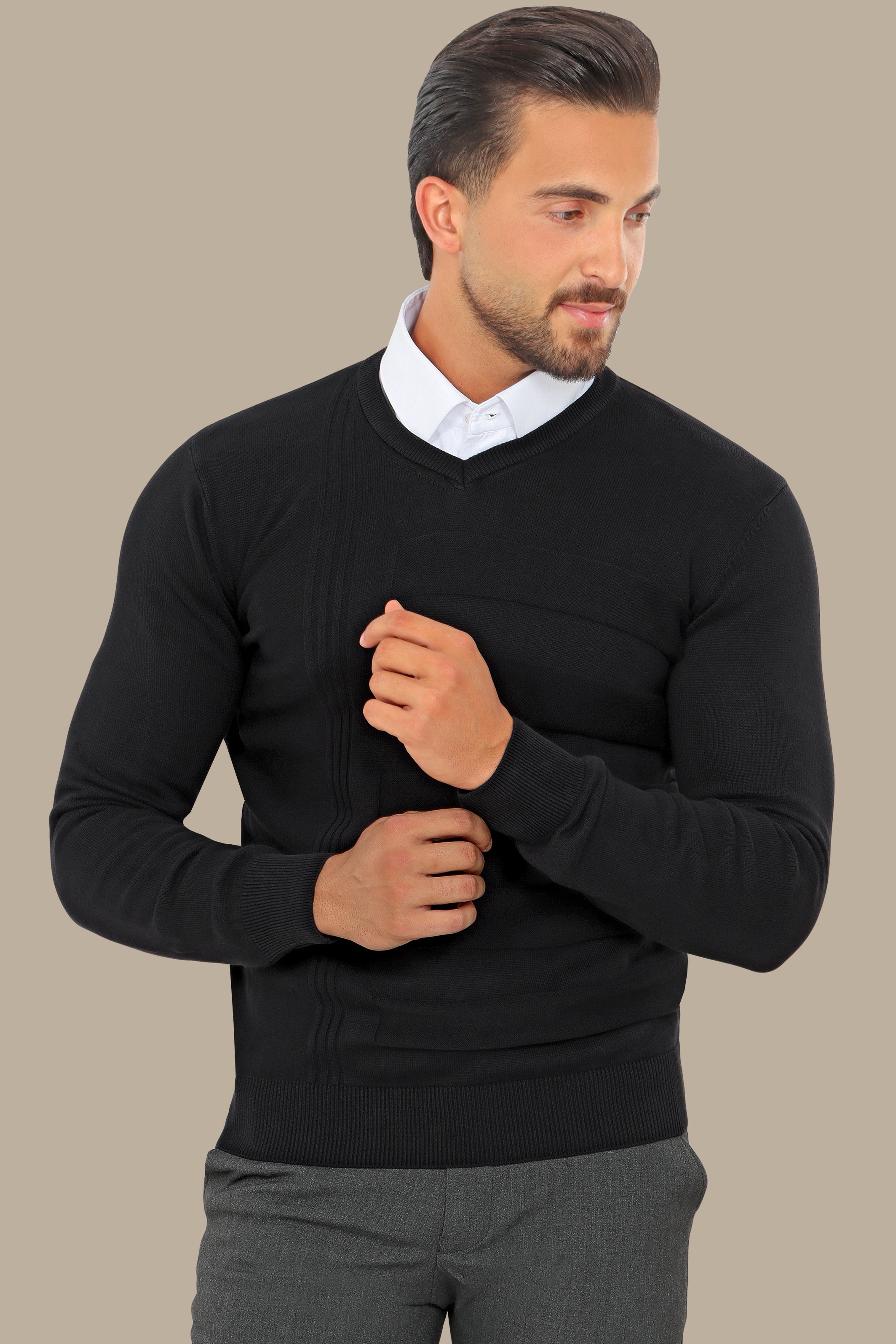 Classic Charisma: Black V-Neck Designed Sweater