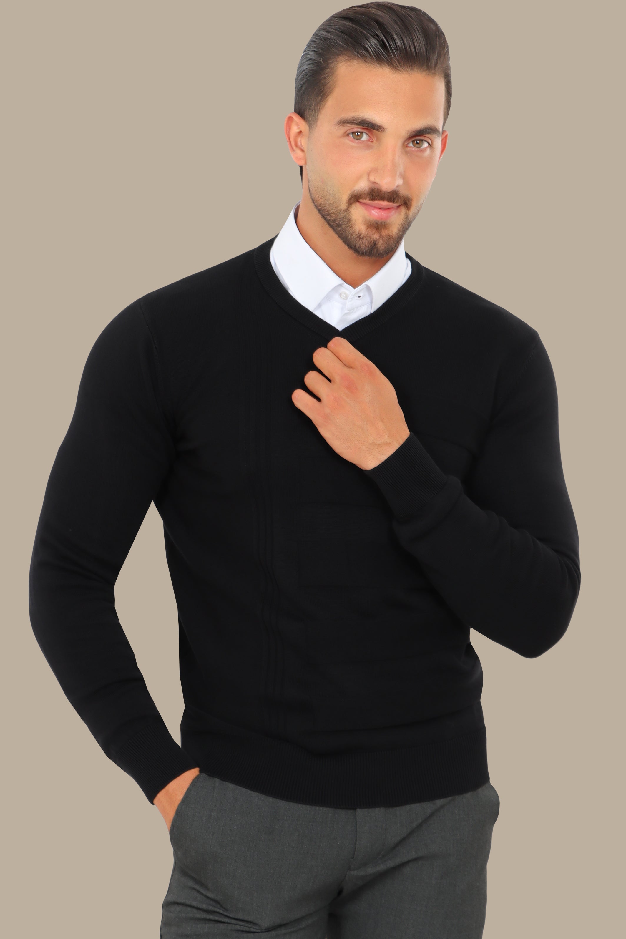 Classic Charisma: Black V-Neck Designed Sweater