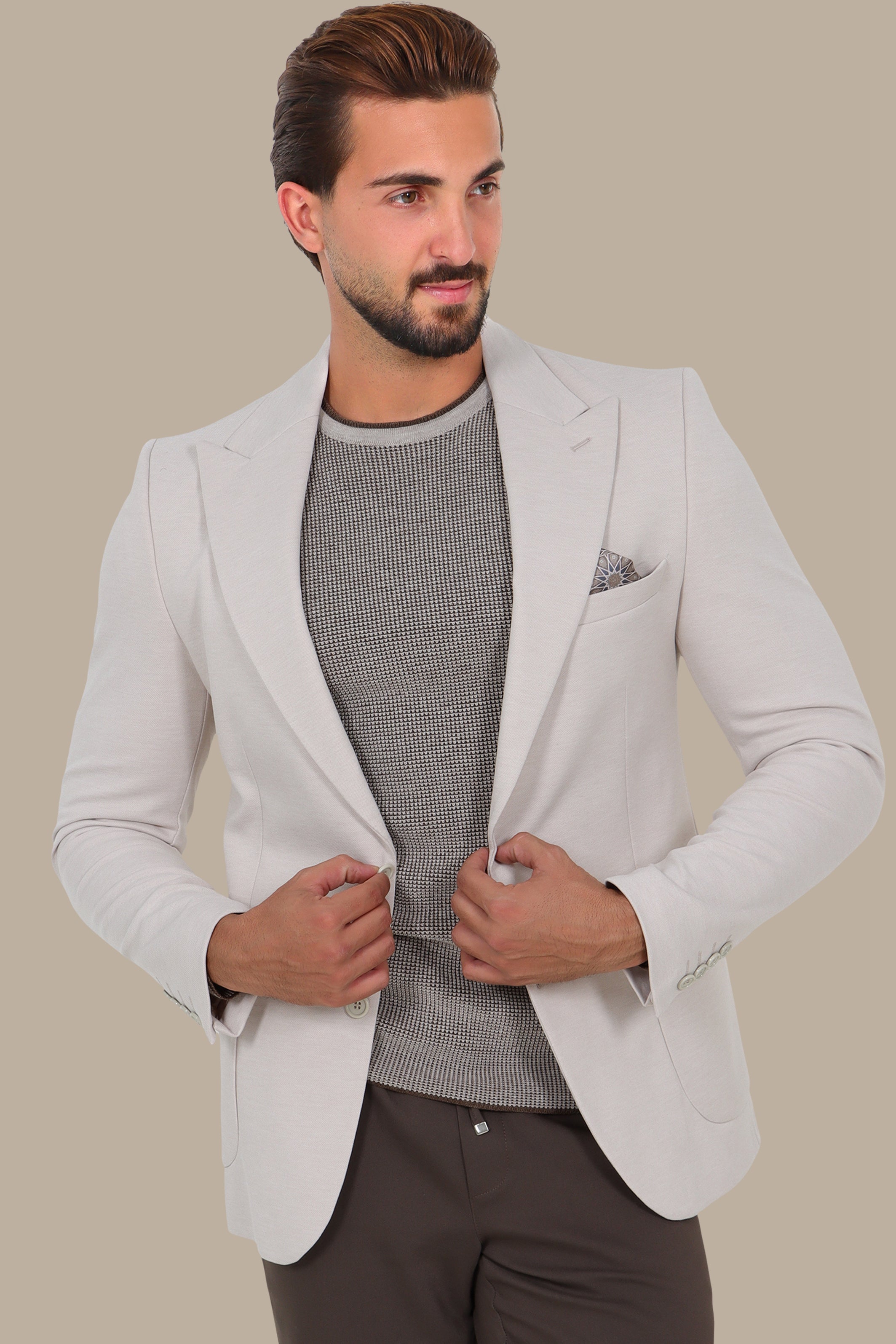 Peak Lapel Piquet Blazer Beige