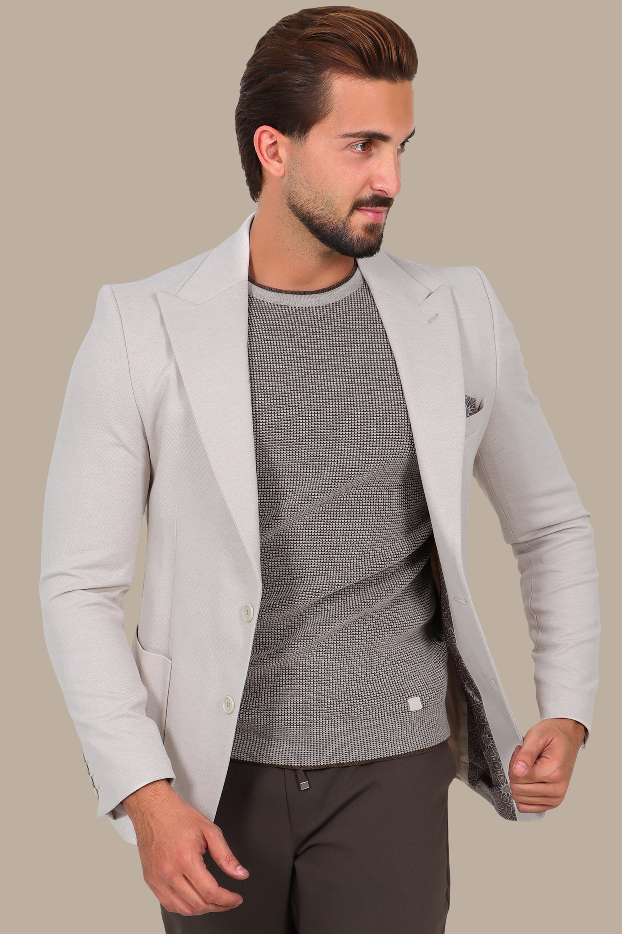 Peak Lapel Piquet Blazer Beige