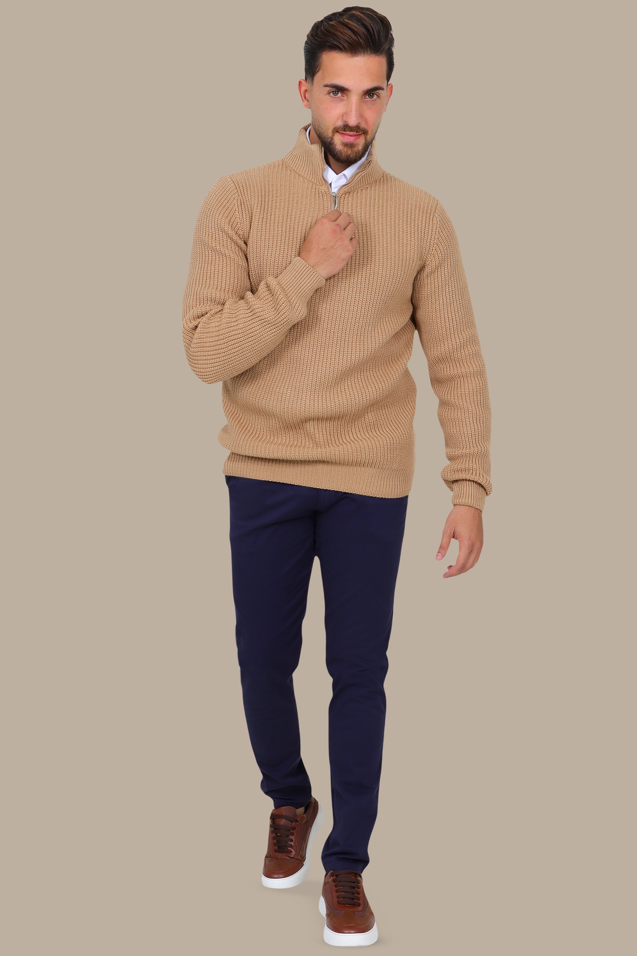 Beige Half-Zipper Plain Mercerized Sweater