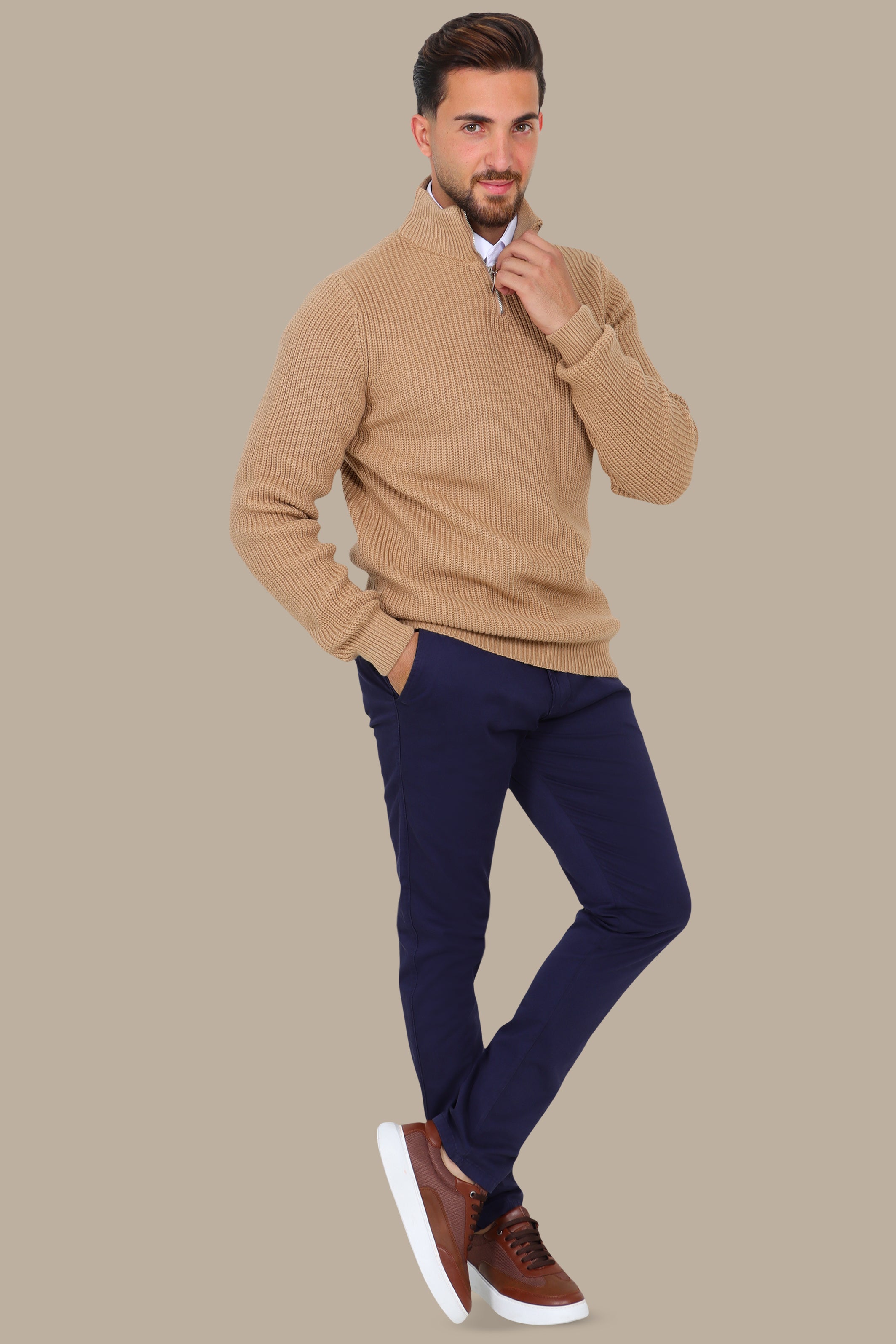 Beige Half-Zipper Plain Mercerized Sweater