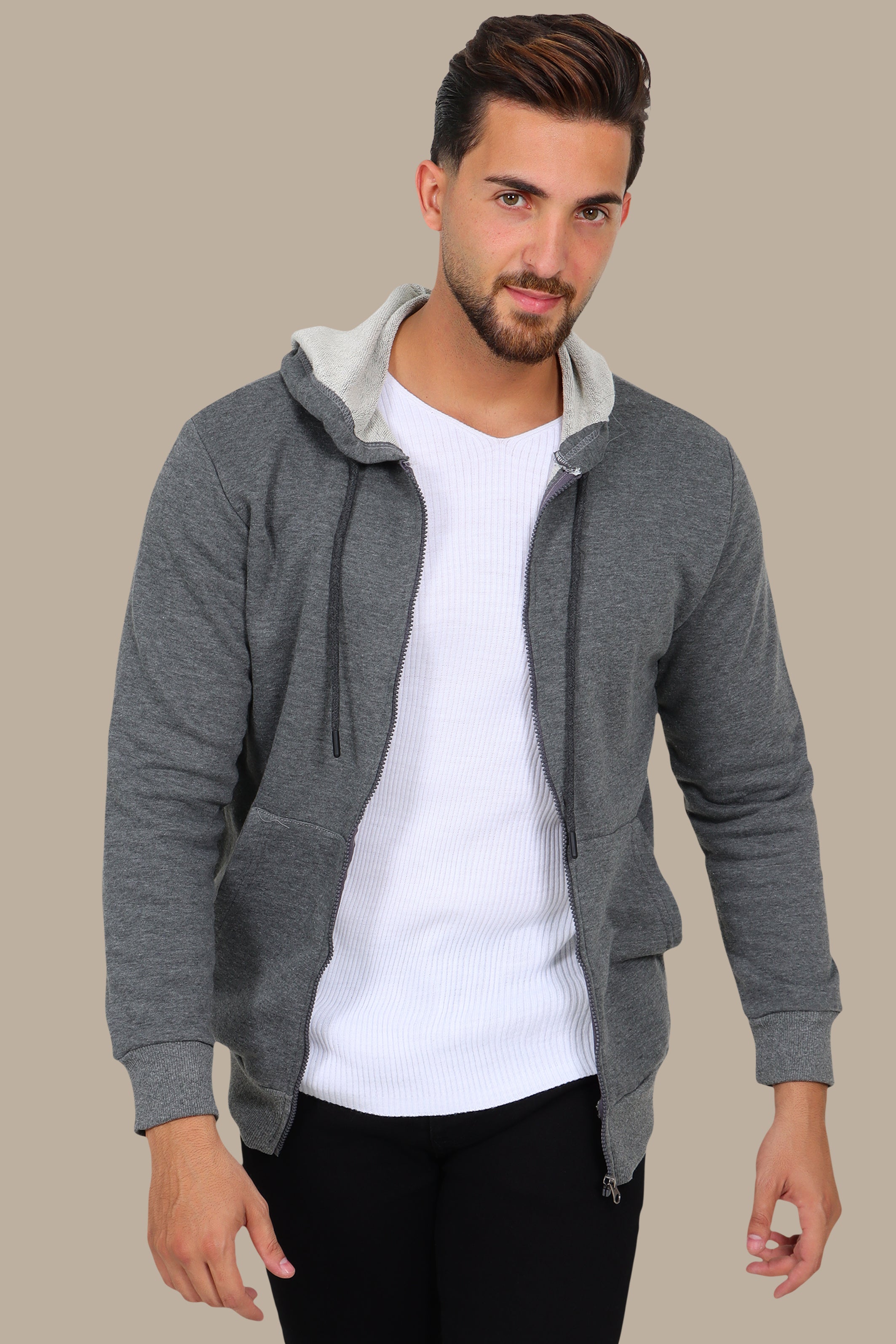 Urban Chic: Dark Grey Plain Basic Hoody Sweatshirt