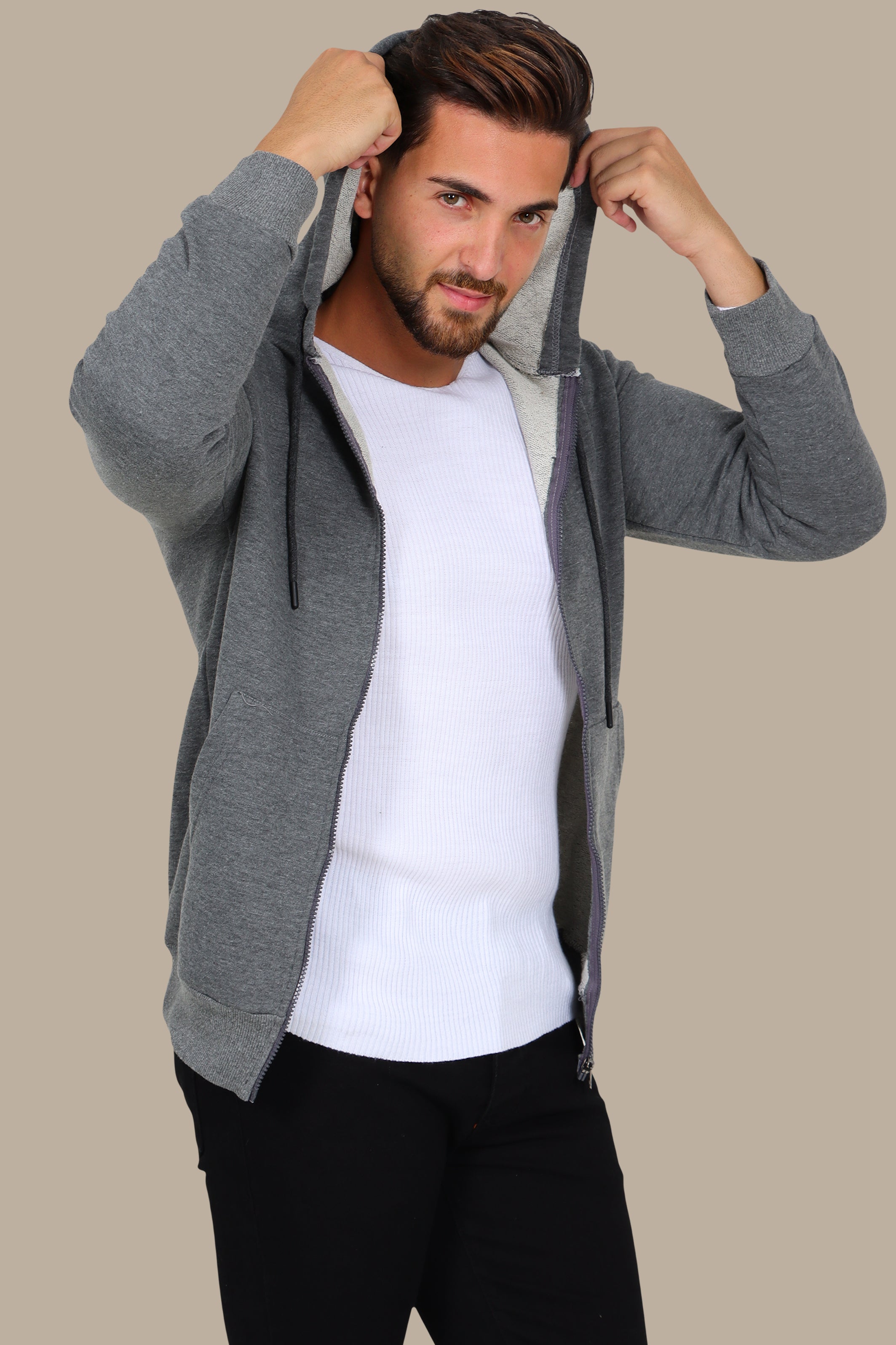 Urban Chic: Dark Grey Plain Basic Hoody Sweatshirt