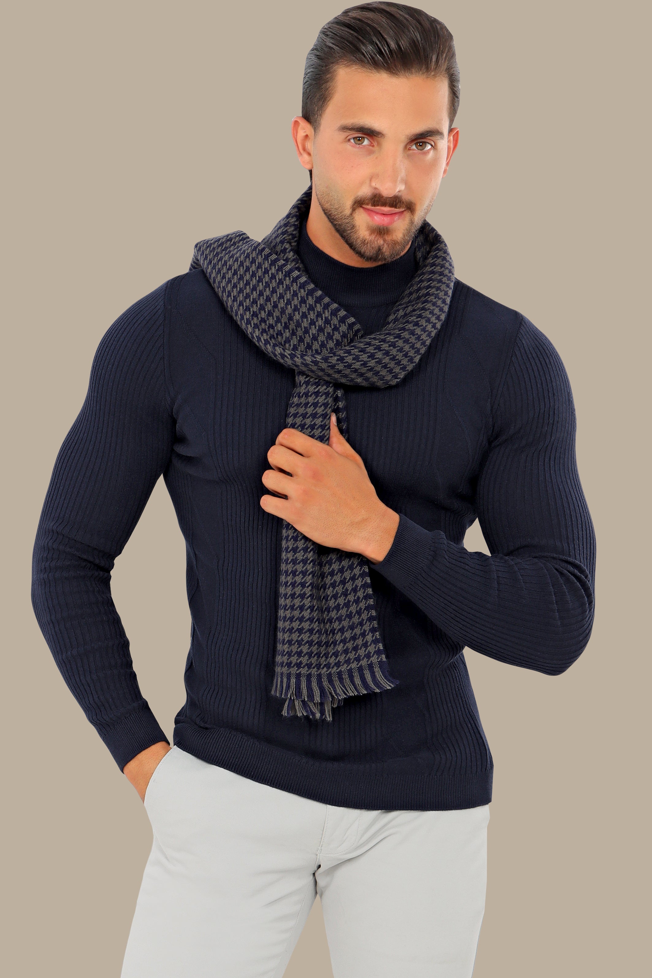 High Neck Ribbed Sweater in Navy