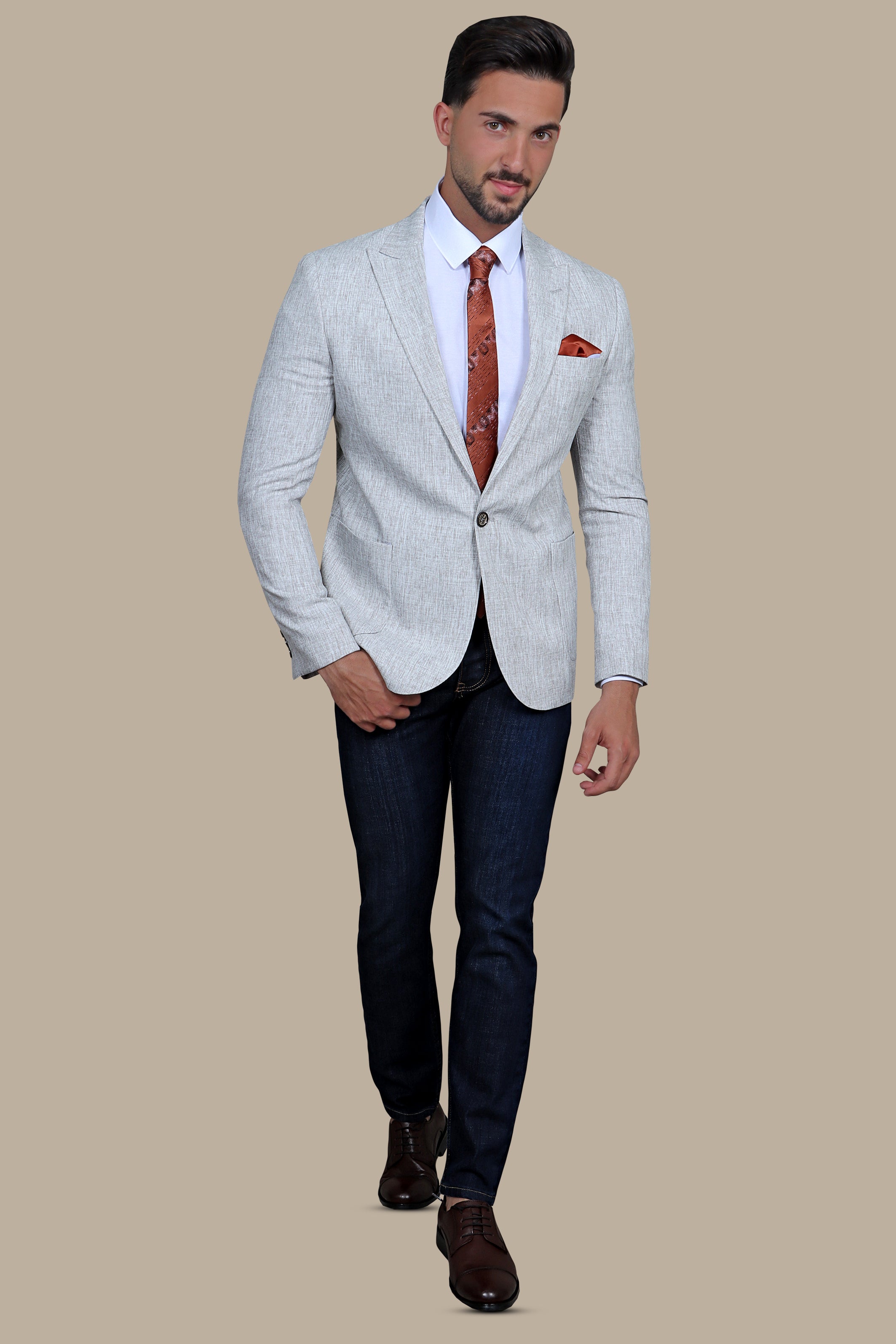 Brown Peak Sophistication: White Fil a Fil Blazer