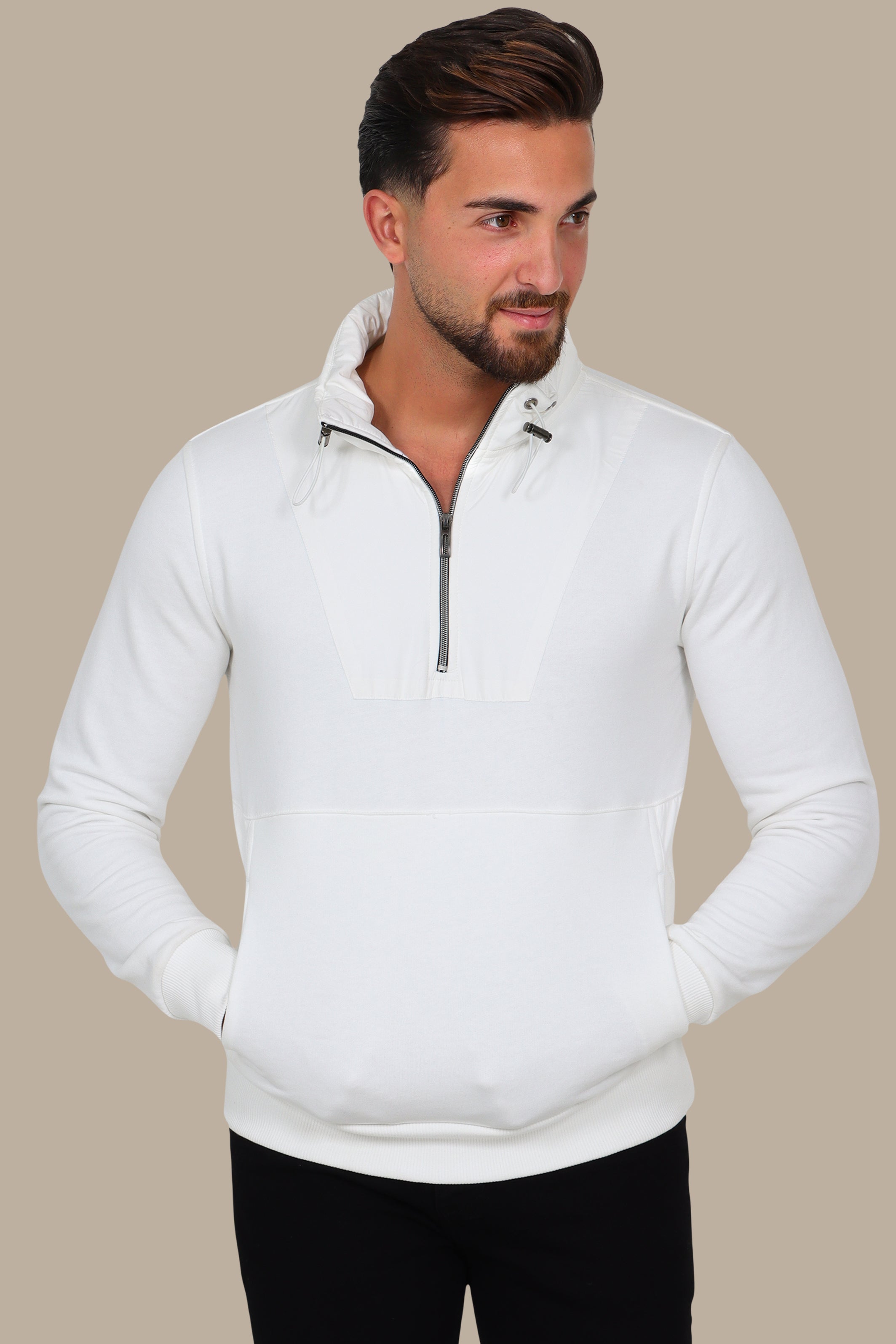 Modern Edge: White Half-Zipper Sweatshirt with Mixed Fabric