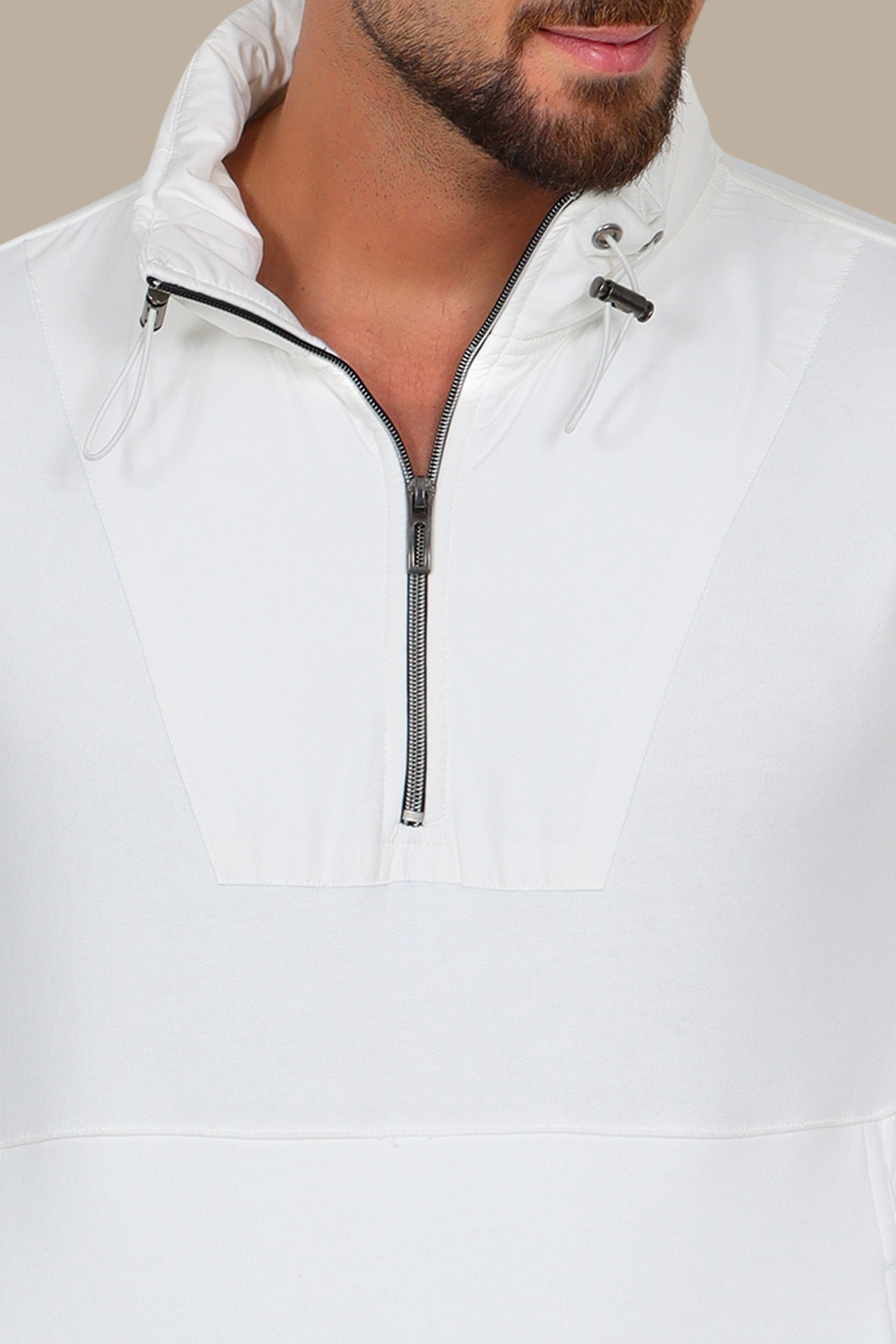 Modern Edge: White Half-Zipper Sweatshirt with Mixed Fabric