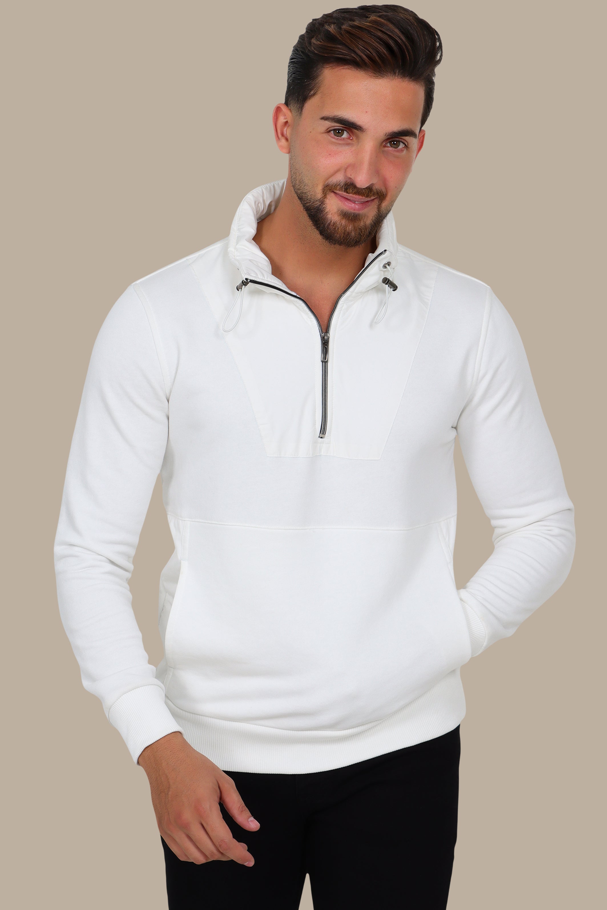 Modern Edge: White Half-Zipper Sweatshirt with Mixed Fabric