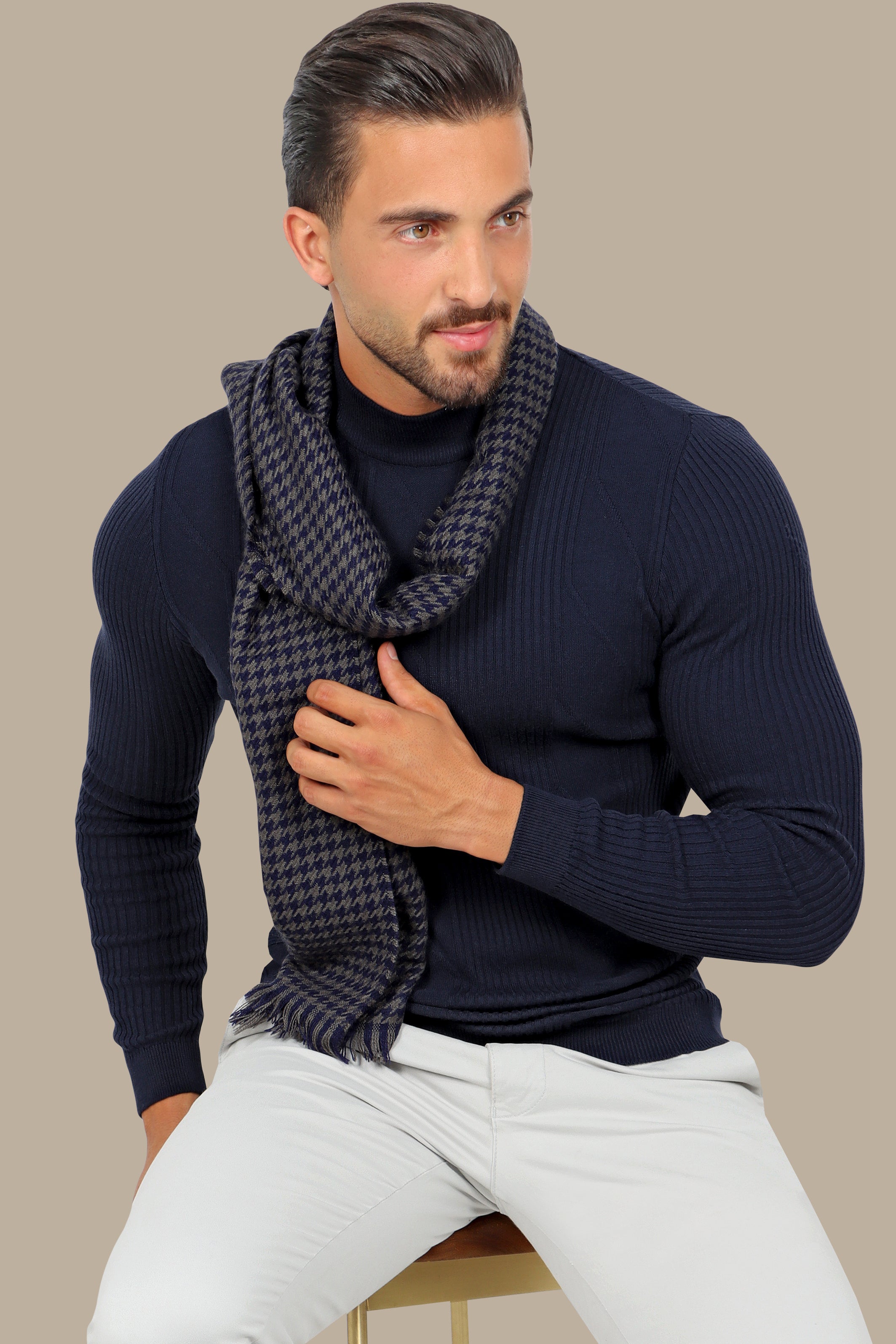 High Neck Ribbed Sweater in Navy