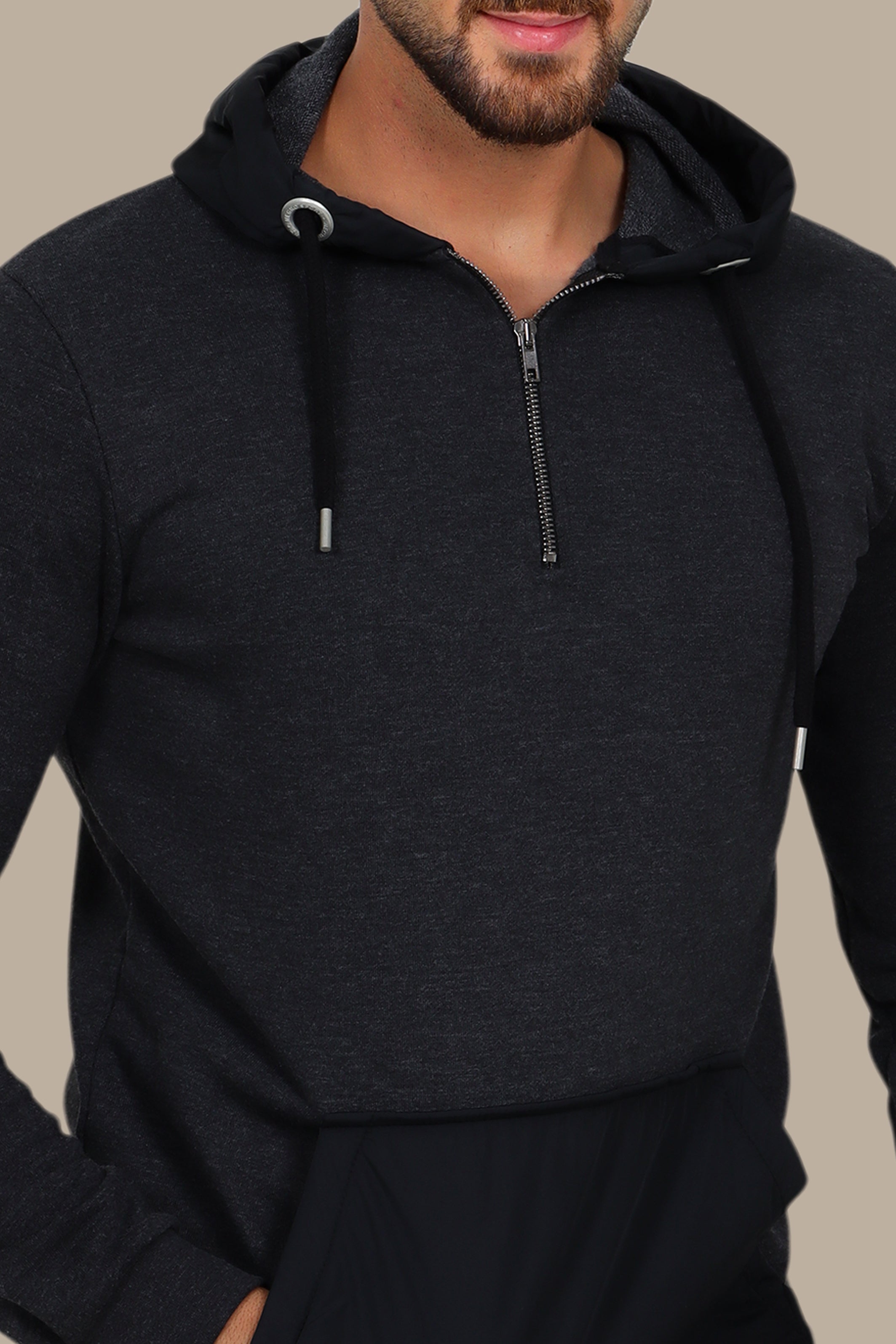 Sensual Shadows: The Dark Gray Hooded Sensation in Luxe Mix Fabric
