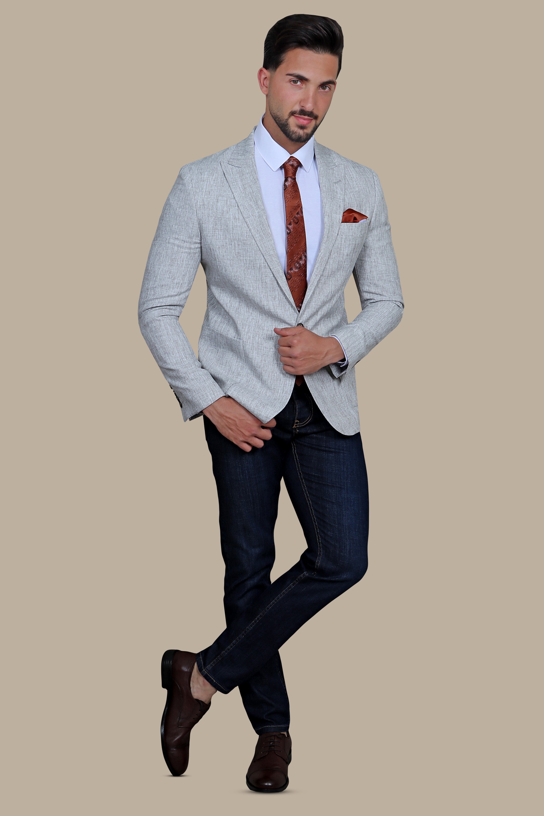 Brown Peak Sophistication: White Fil a Fil Blazer