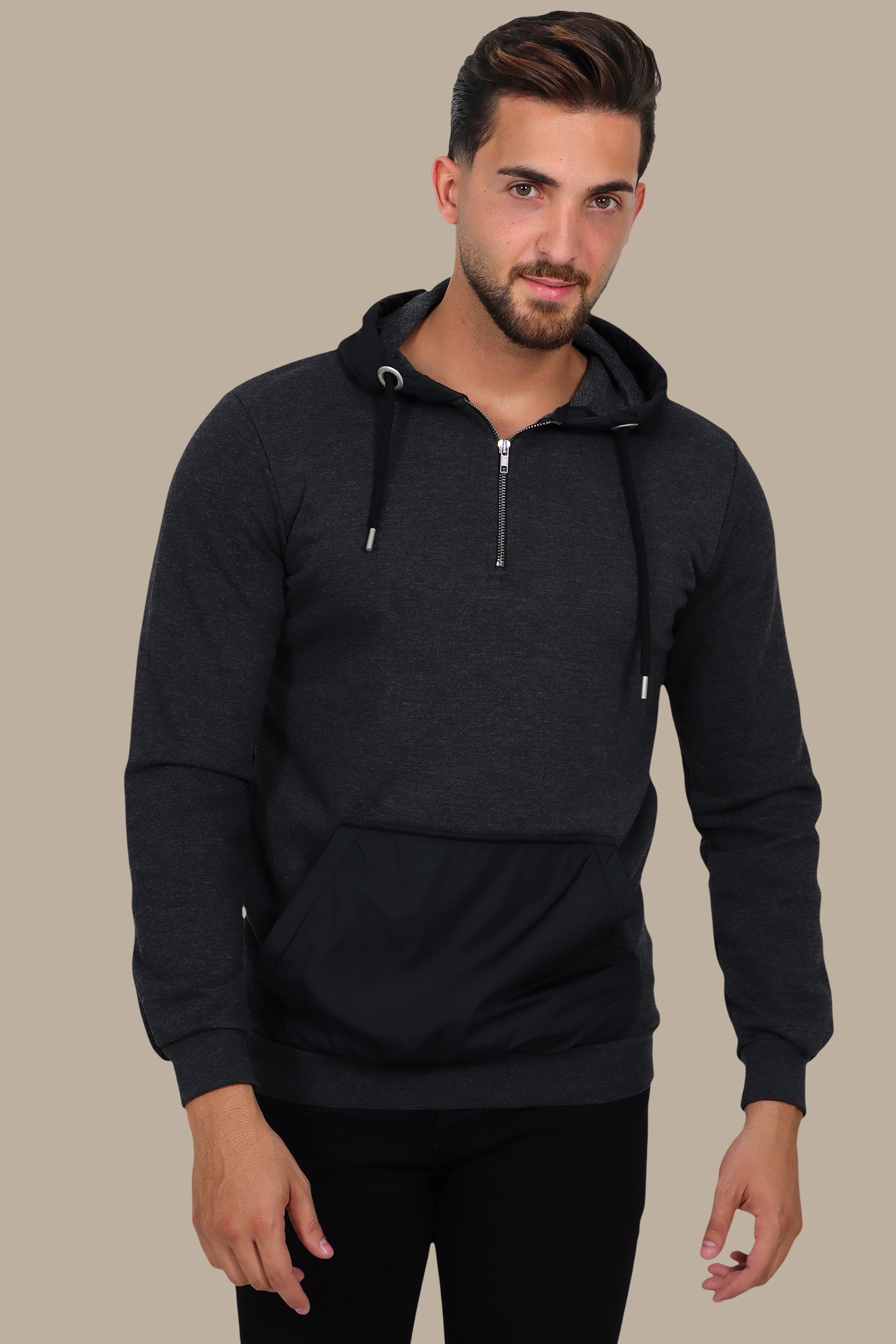 Sensual Shadows: The Dark Gray Hooded Sensation in Luxe Mix Fabric