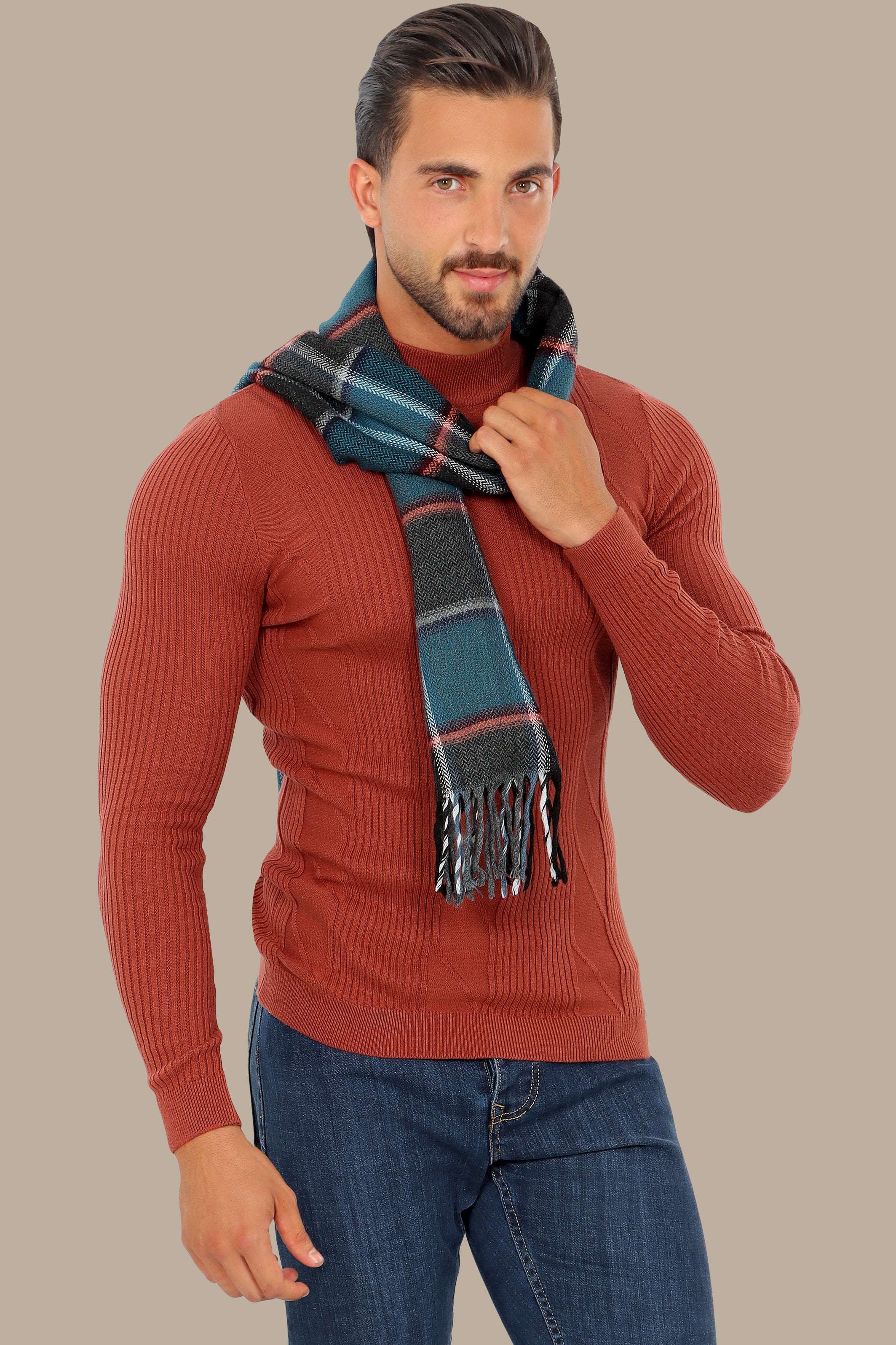 Brick High Neck Ribbed Sweater