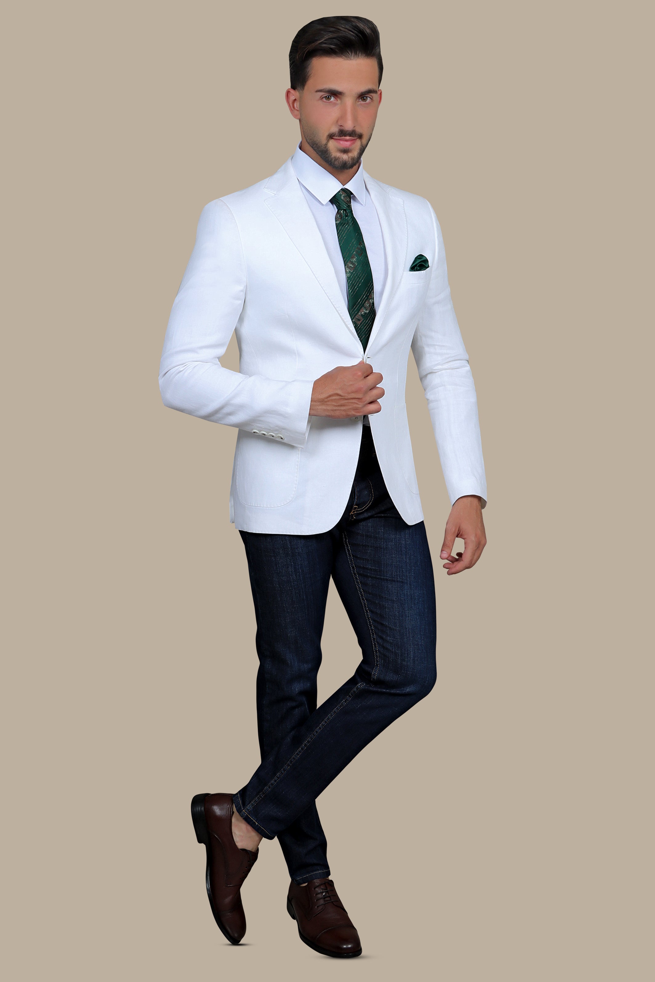 White Linen Blazer with Basic Patch Pockets