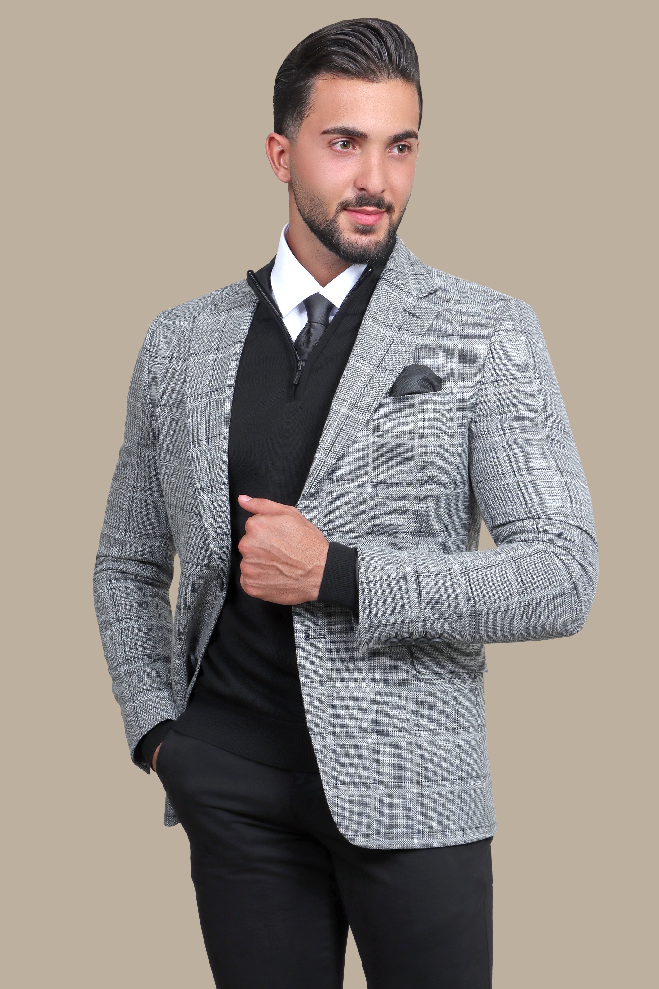 Gray Big Check Blazer with Notch Lapel