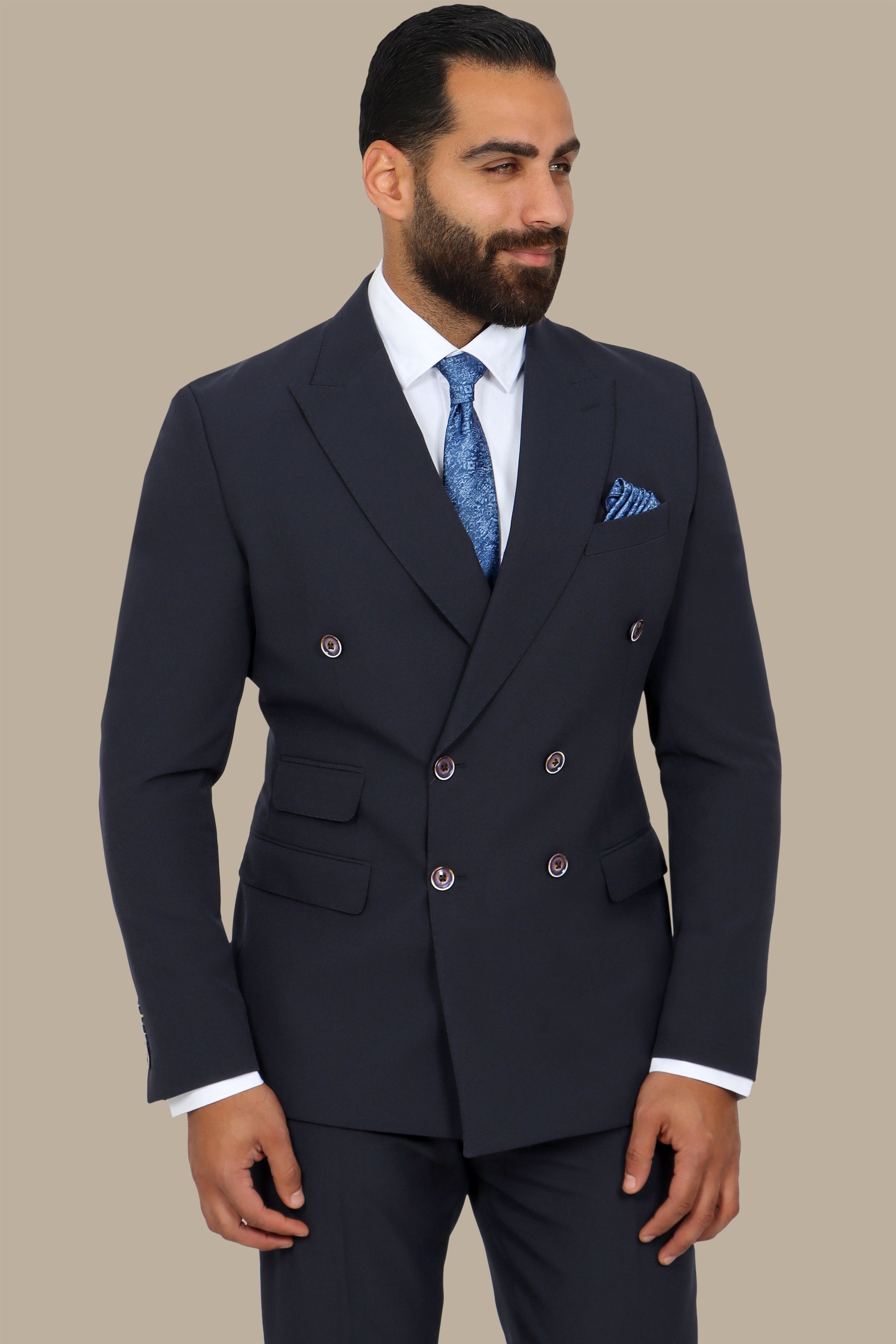 Navy Double-Breasted Suit with Peak Lapel