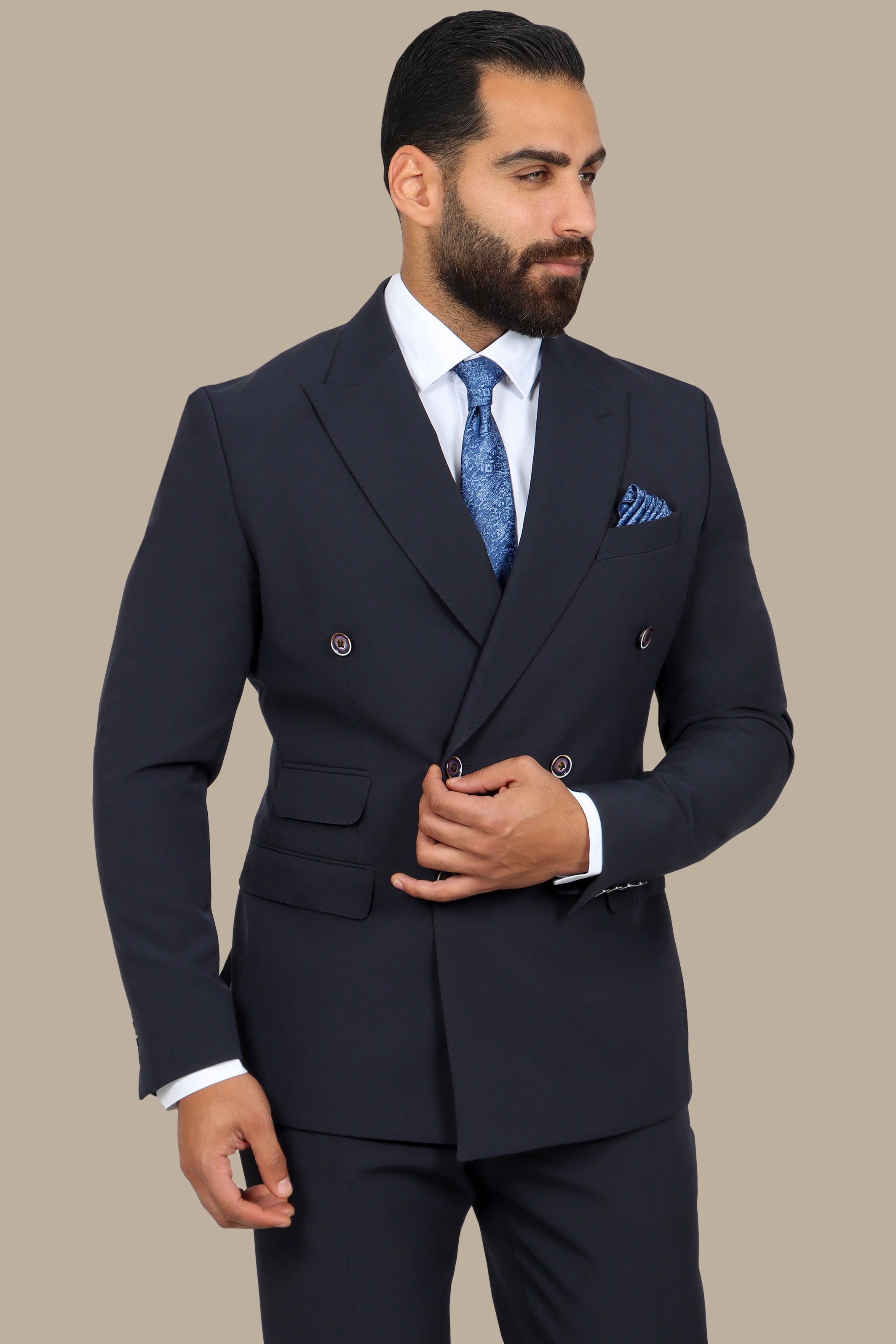 Navy Double-Breasted Suit with Peak Lapel