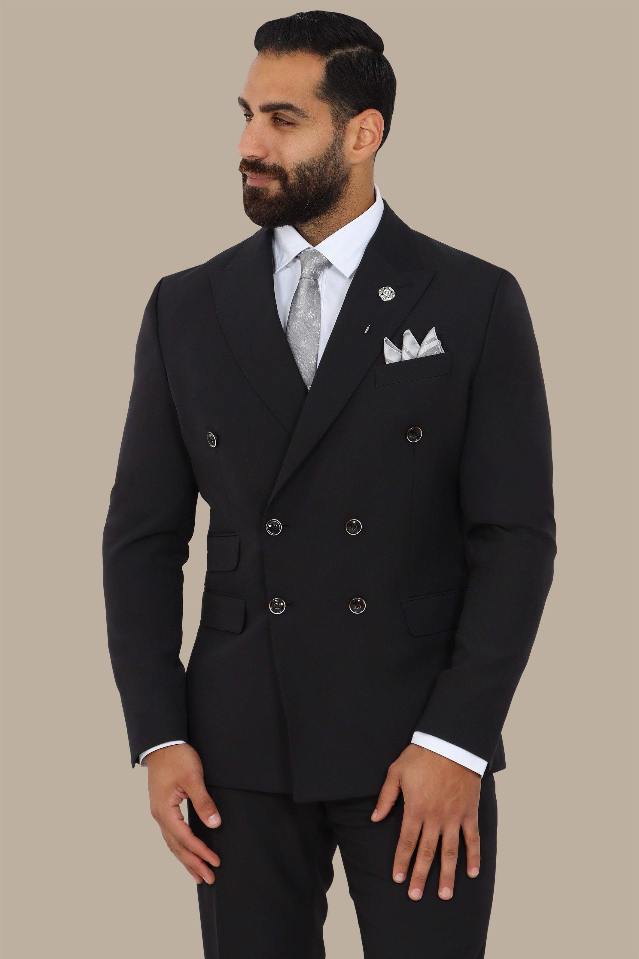 Black Double-Breasted Suit with Peak Lapel