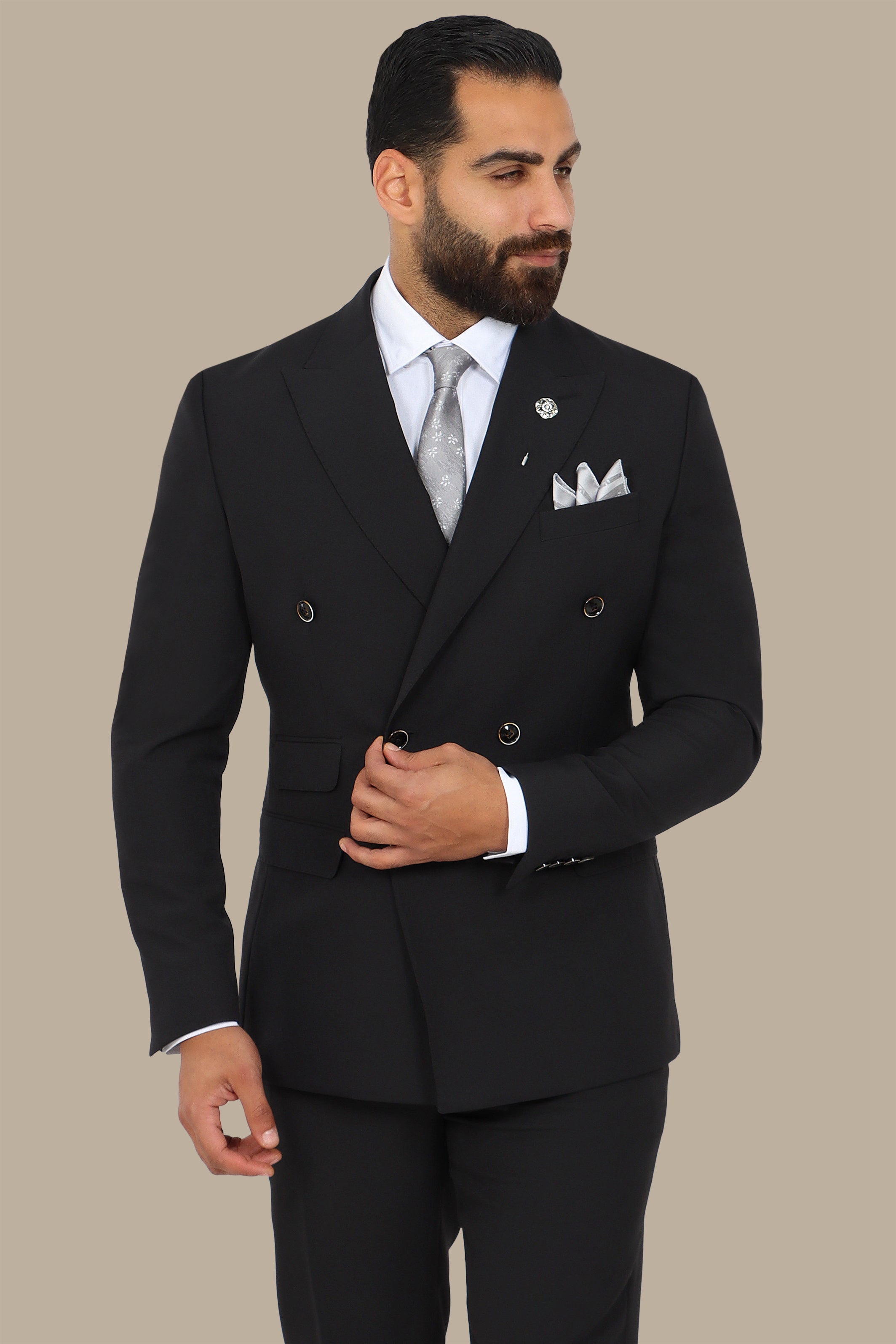 Black Double-Breasted Suit with Peak Lapel