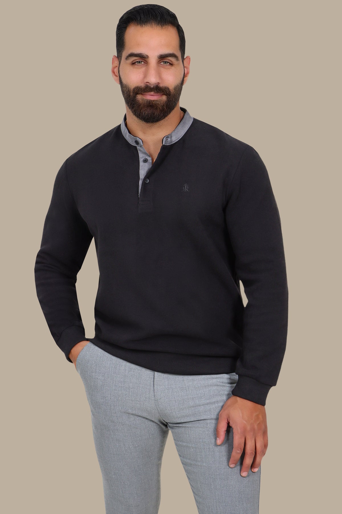 Long-Sleeve Mao Collar Velvet Polo with Brim in