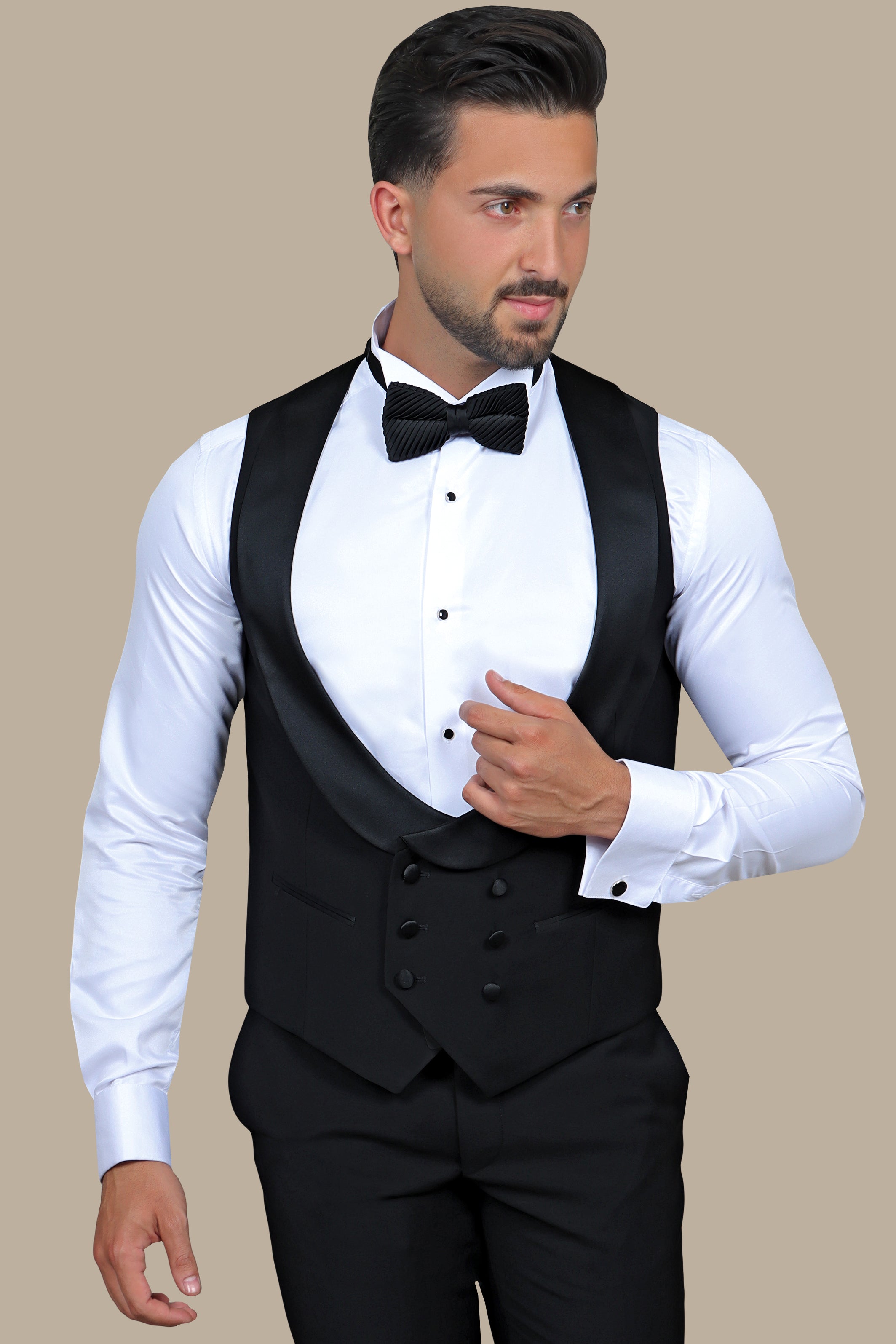 Black Elegance: Double-Breasted Vest with Collar Detail