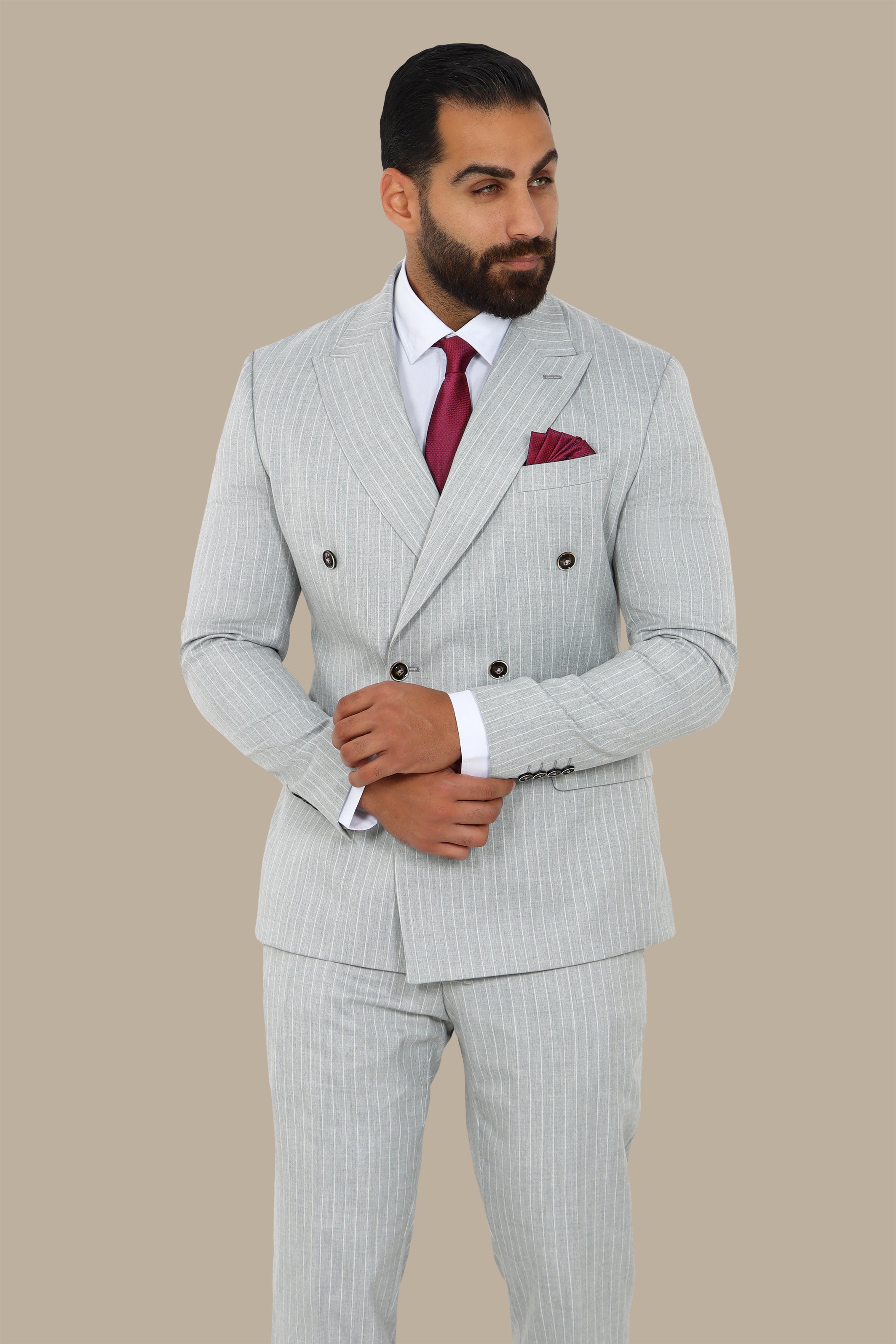 Light Grey Double-Breasted Pinstripe Suit