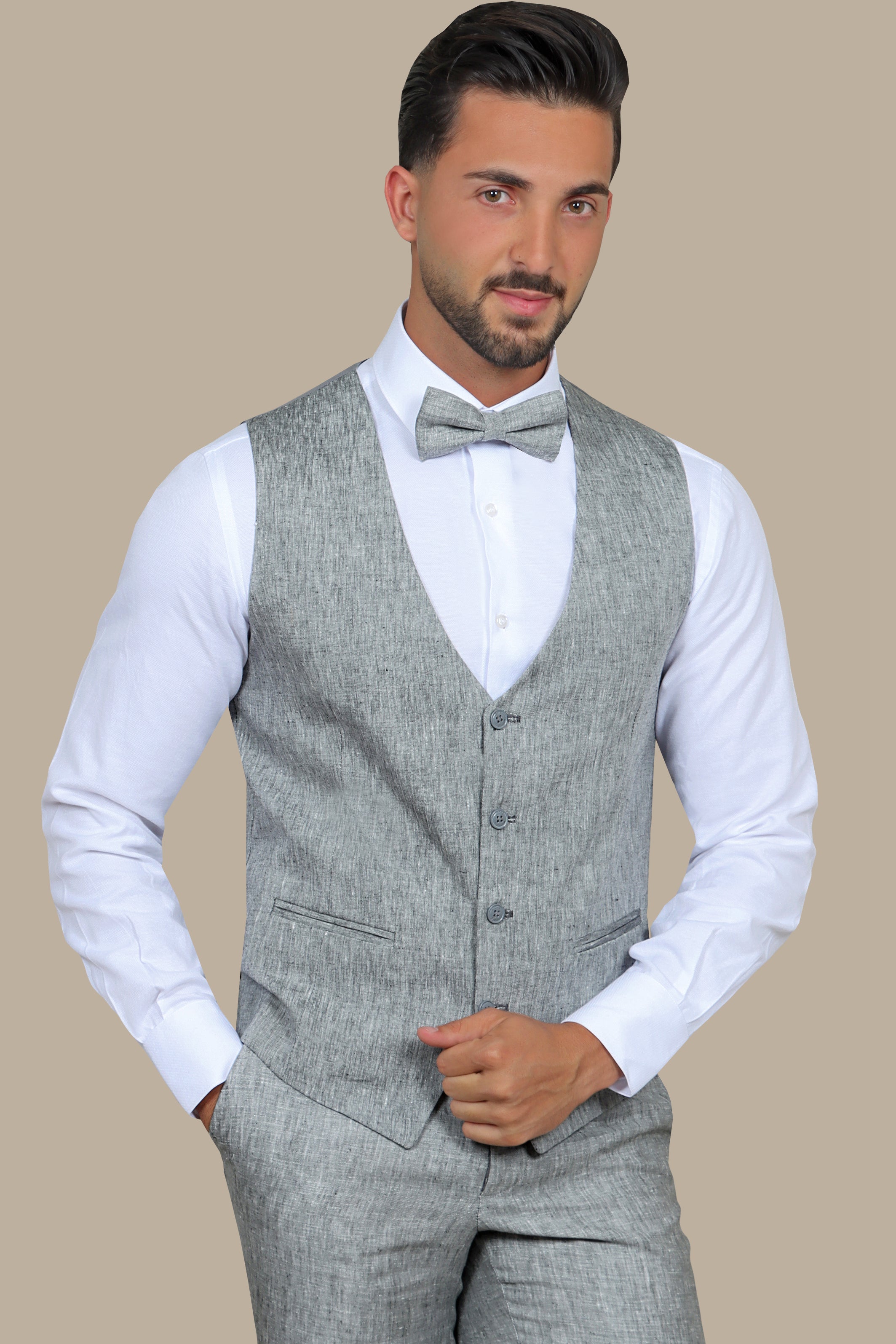 Timeless Elegance: Grey Linen V-Neck Vest