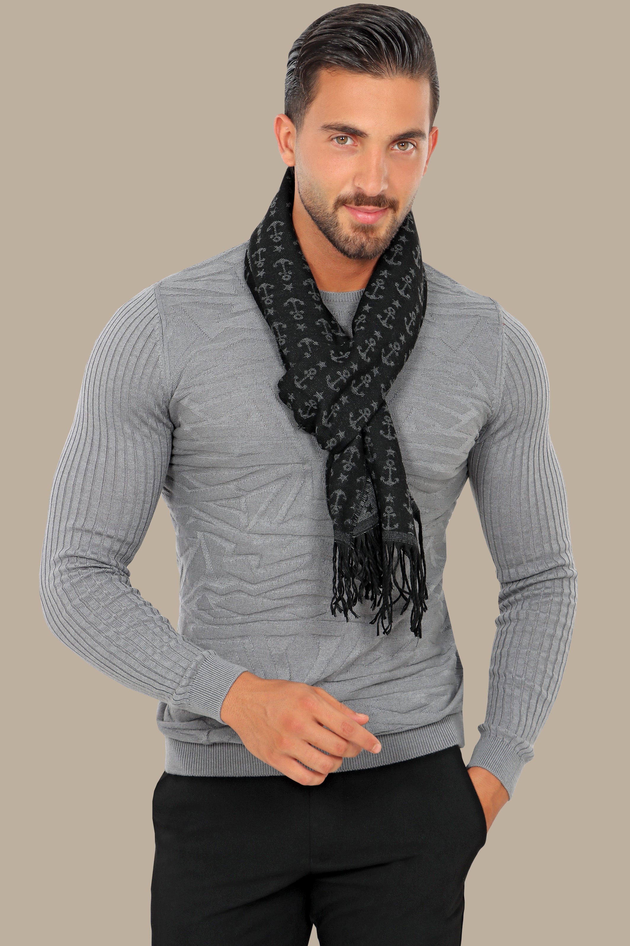 Grey Jacquard R-Neck Sweater