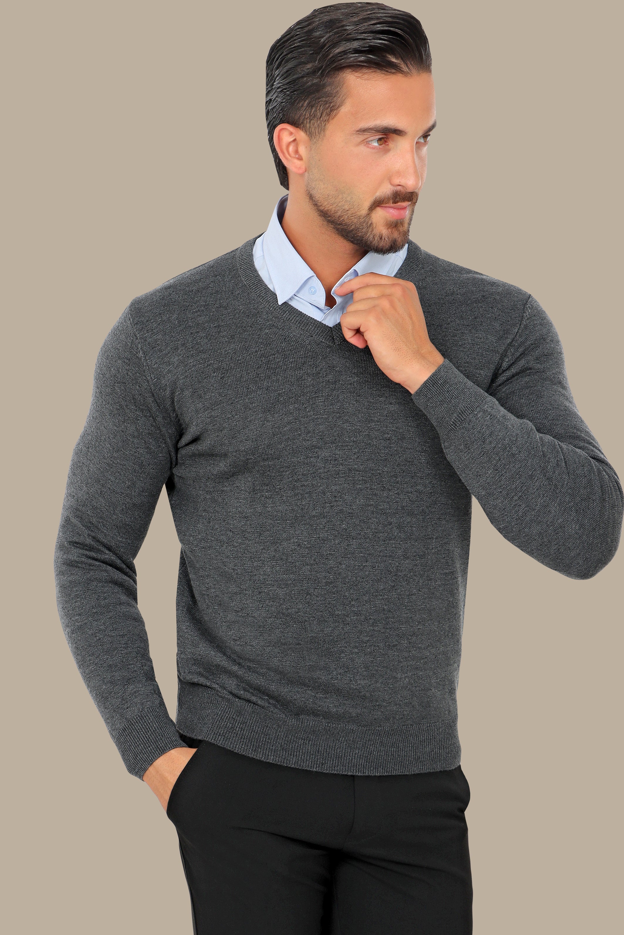 Dark Grey V-Neck Basic Sweater