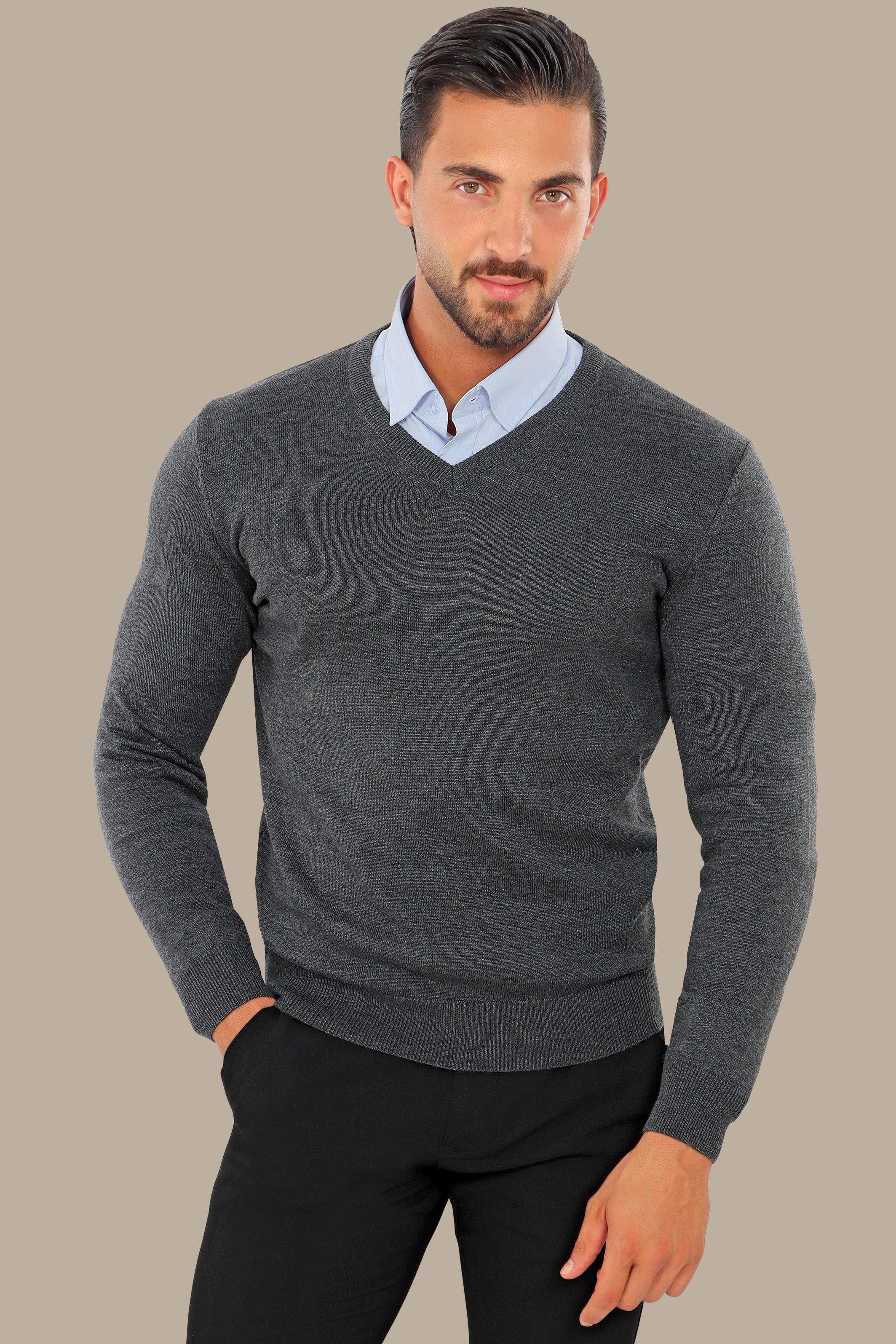 Dark Grey V-Neck Basic Sweater