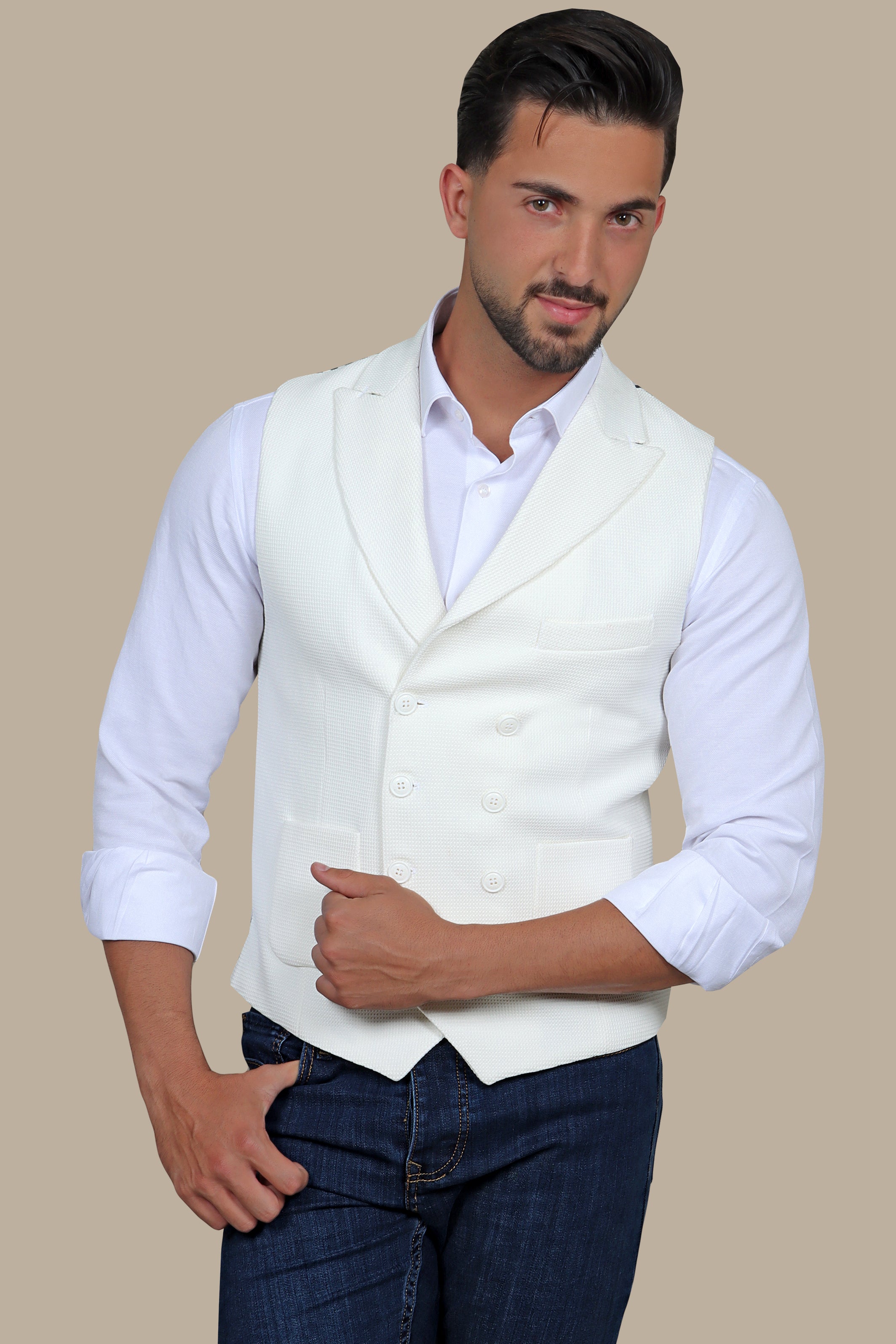 White Double-Breasted Peak Lapel Vest