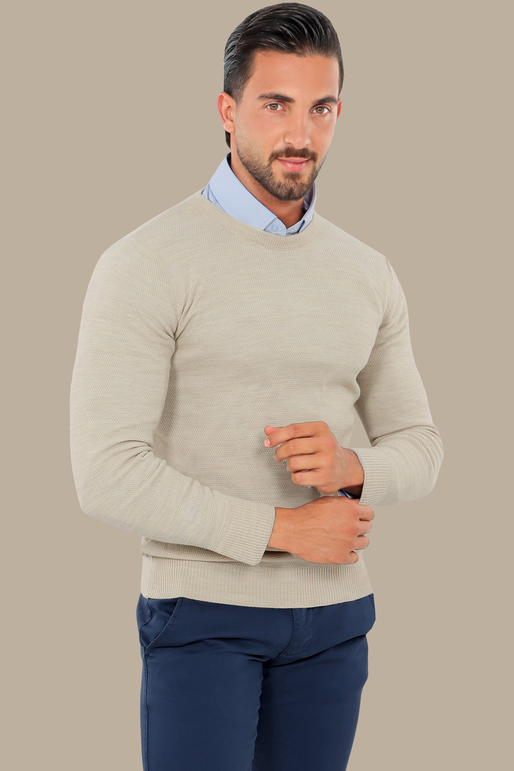 Beige Structured Round Neck Sweater