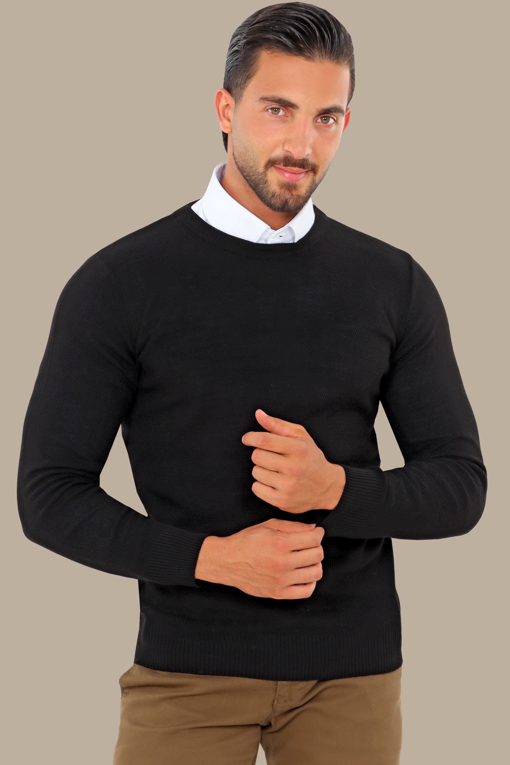 Black Round Neck Structured Sweater