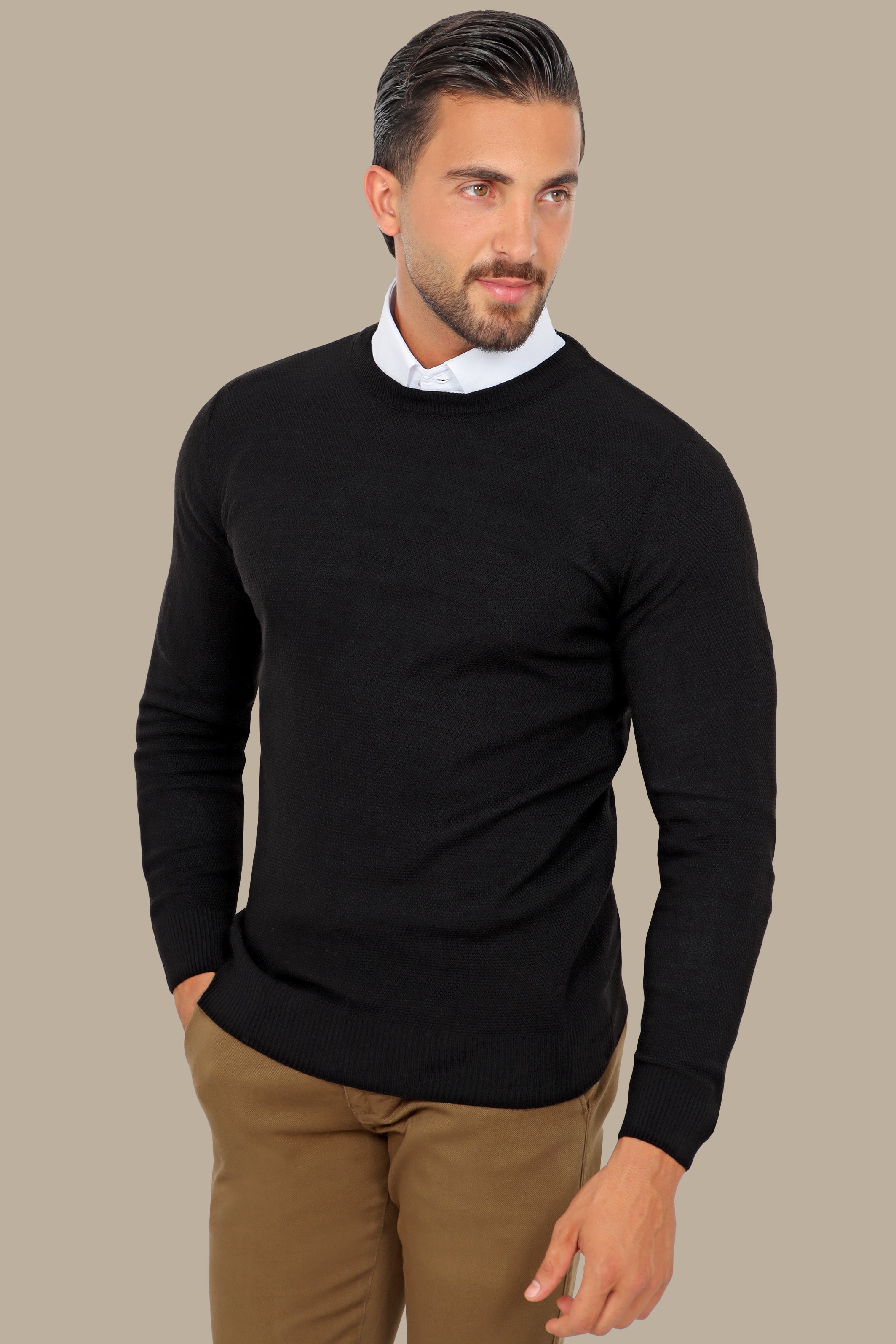 Black Round Neck Structured Sweater