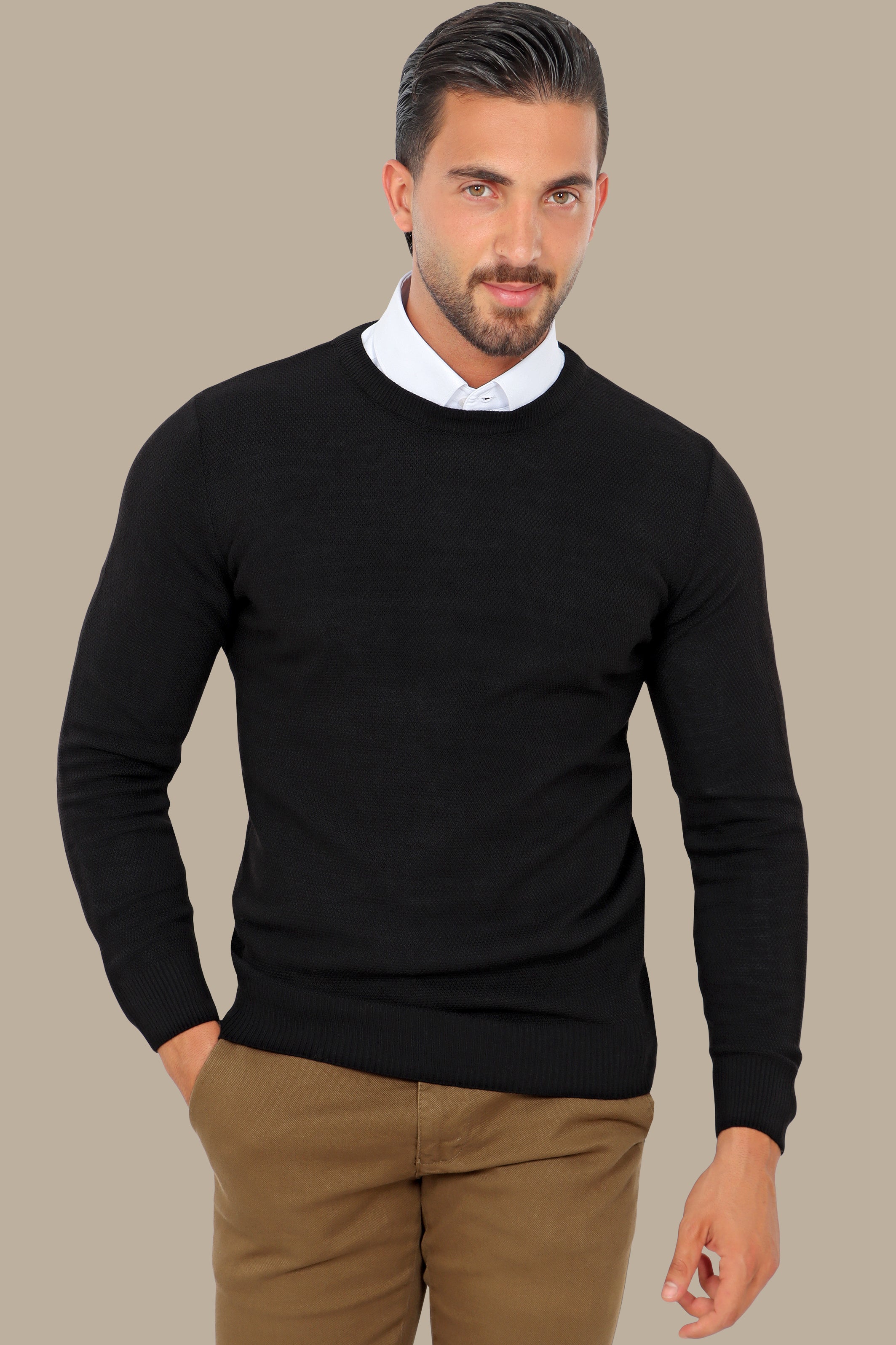 Black Round Neck Structured Sweater