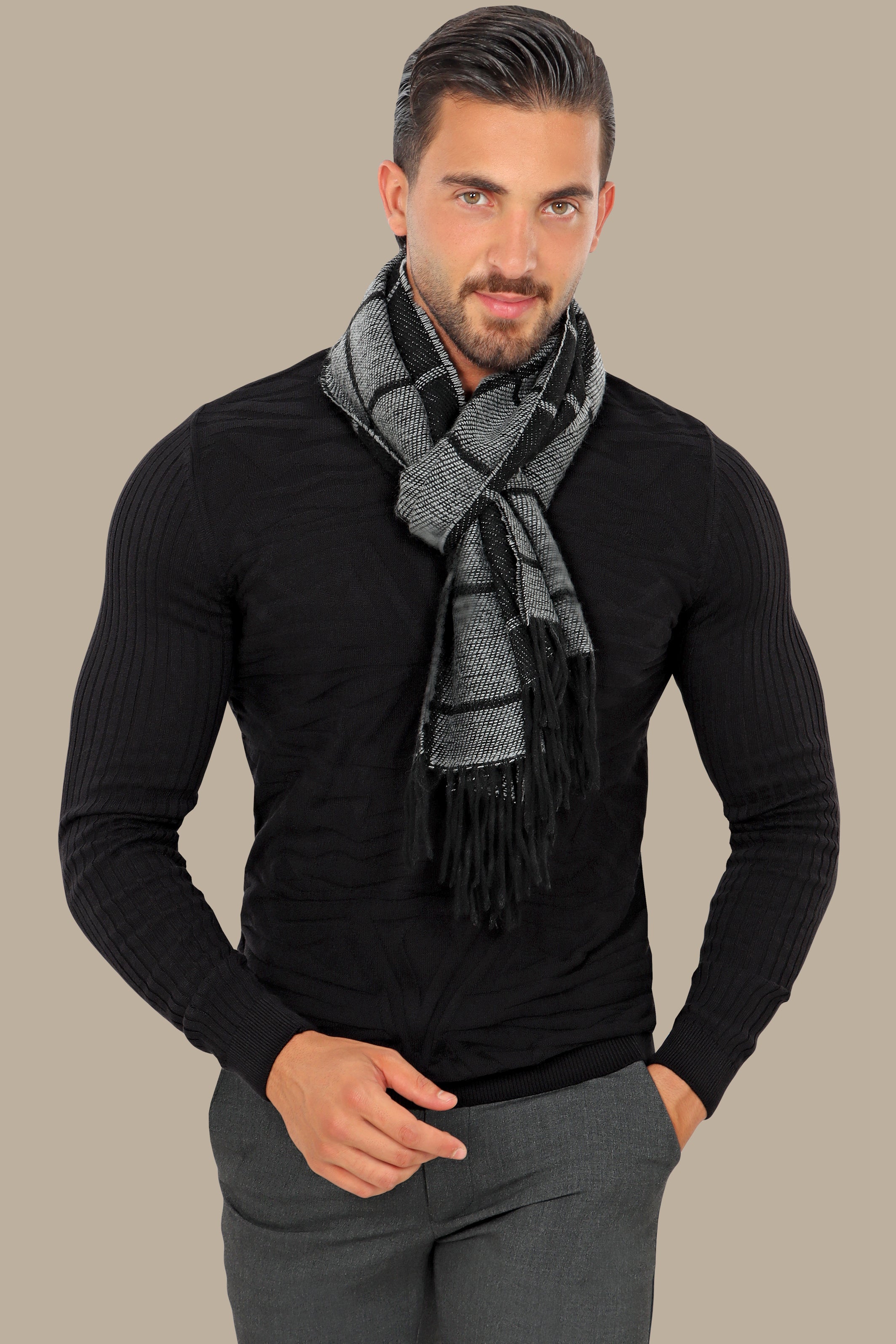 Black Jacquard R-Neck Sweater