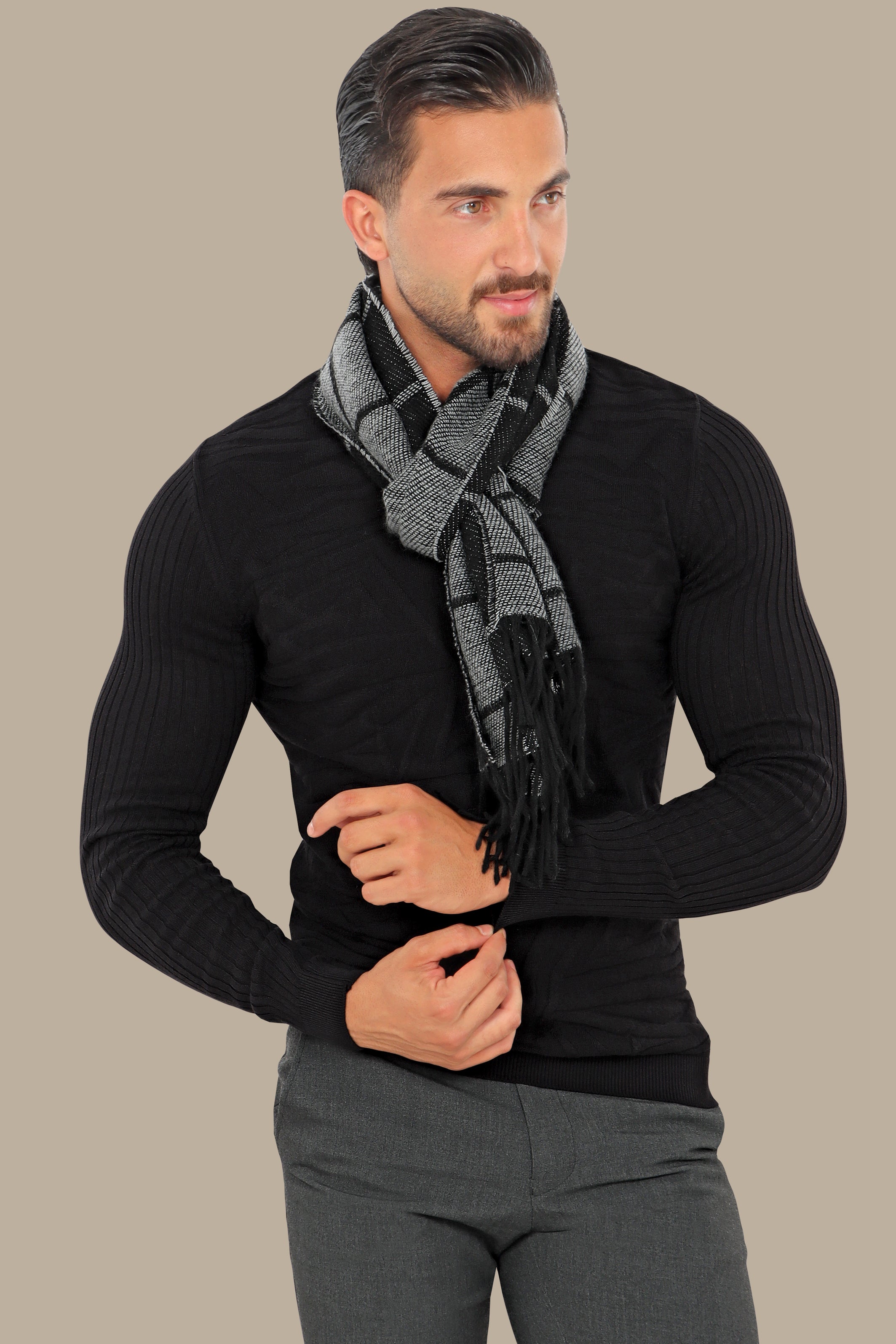 Black Jacquard R-Neck Sweater