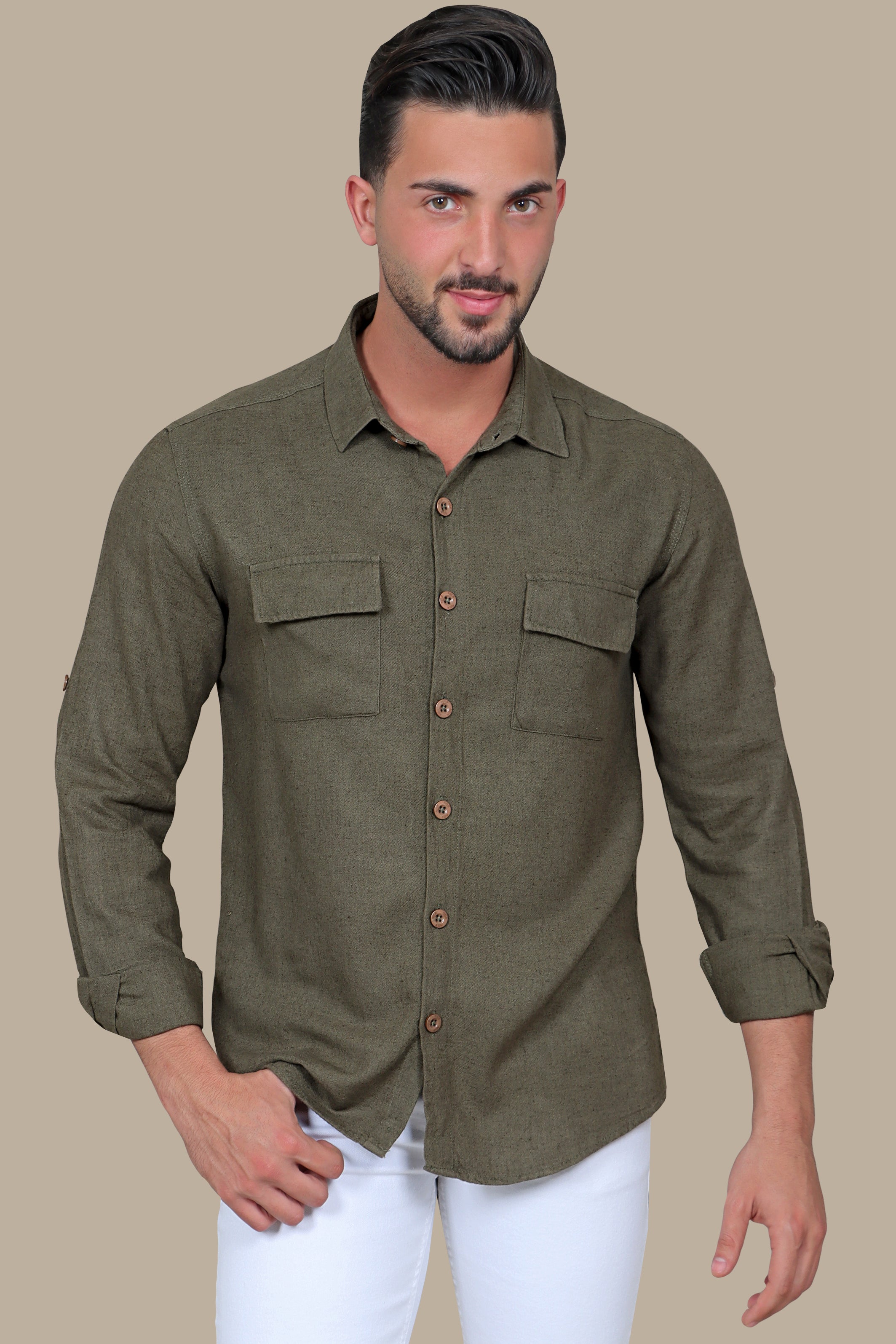 Khaki Linen Shirt with Flap Pockets