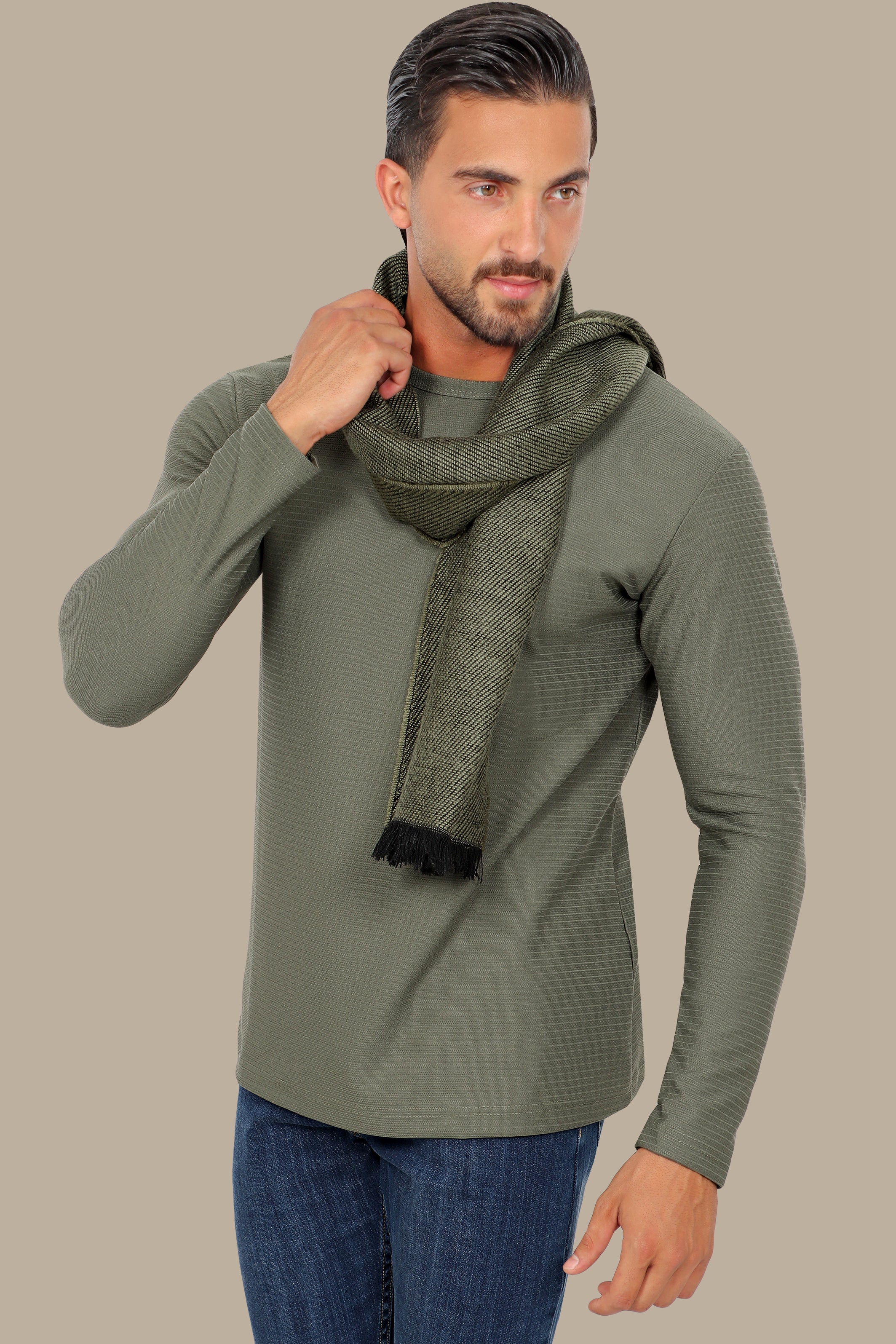 Khaki Elegance: Structured Round Neck Ribbed Sweater