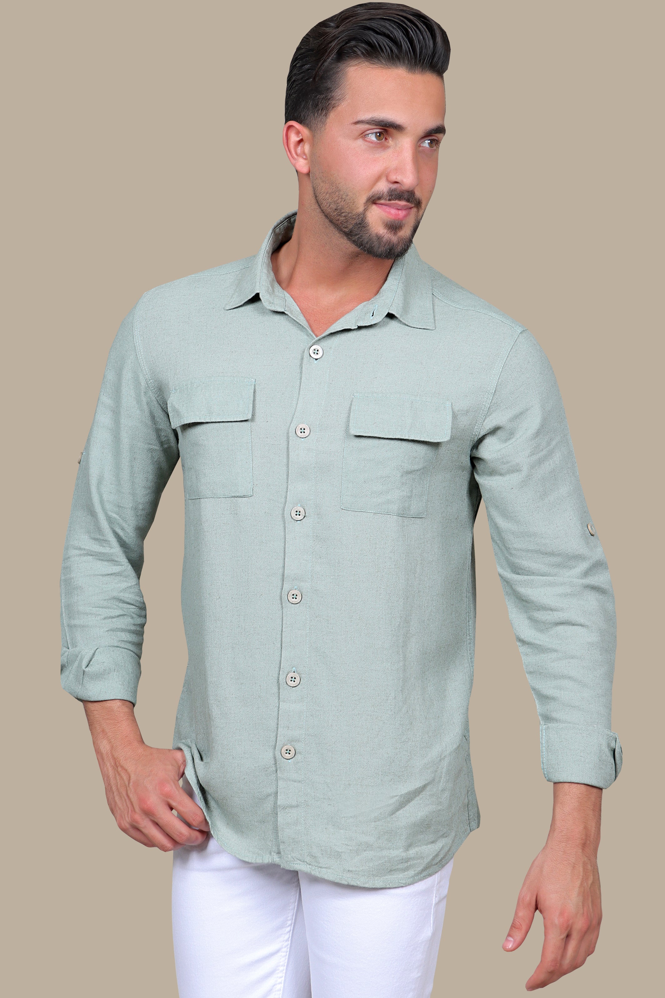 Olive Linen Shirt with Flap Pockets