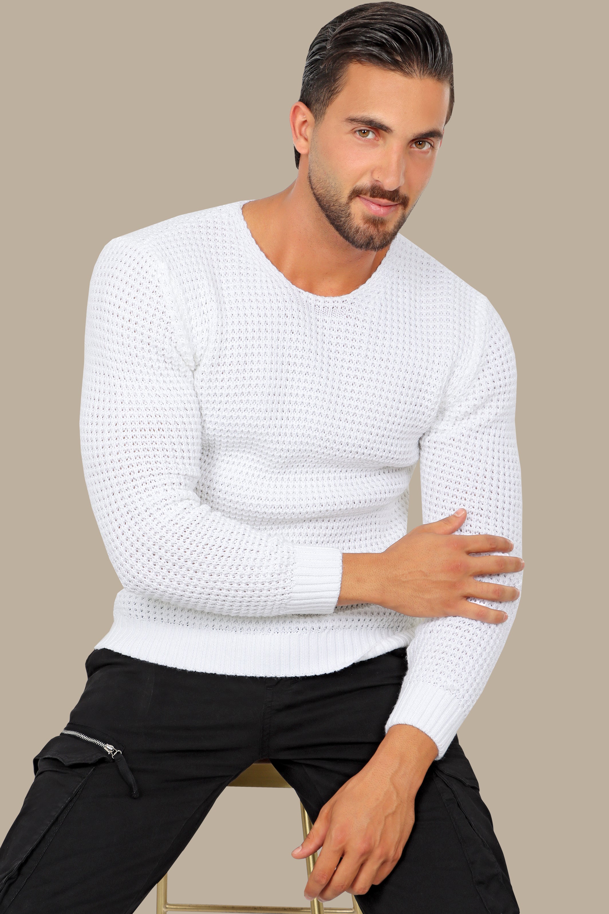 White Knitted Open Neck Sweater